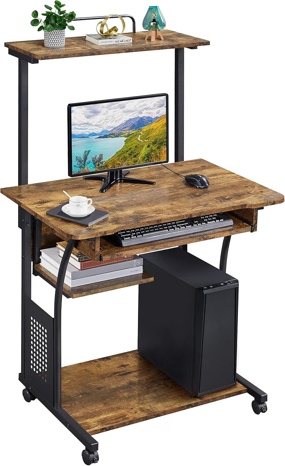 Three Tier Rolling Computer Desk with Keyboard Tray