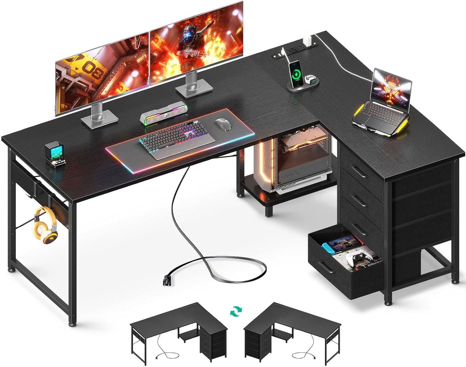 L Shaped Gaming Desk with 4 Drawers, 61&quot; Reversible Home Office Desks with Power Outlets, L Shaped Computer Desk with USB Charging Port and Host Stand, Corner Desk, Easy to Assemble, Black