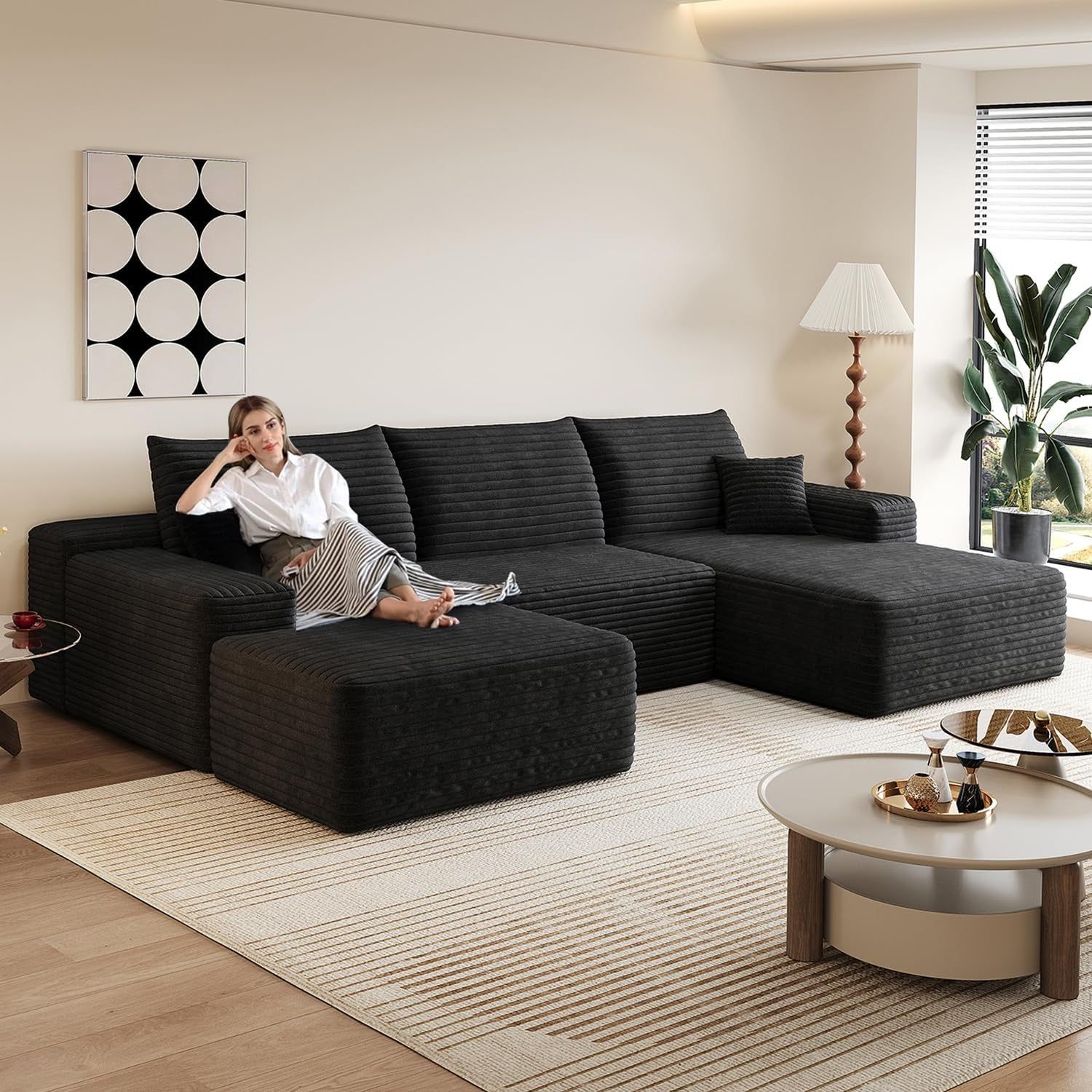 Comfy U-Shaped Sectional Sofa With Chaise And Ottoman