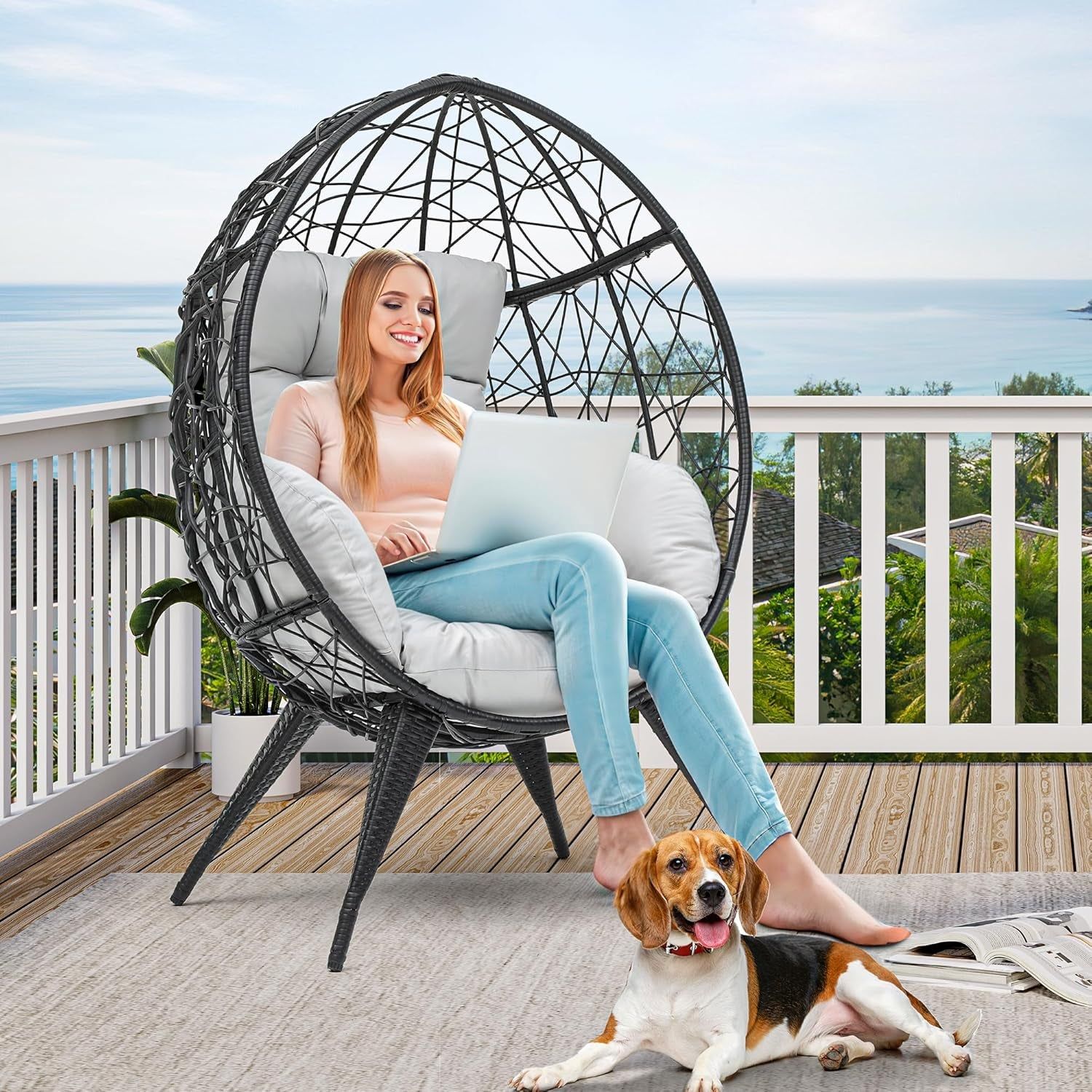 Large Wicker Egg Chair With Stand For Indoor Outdoor