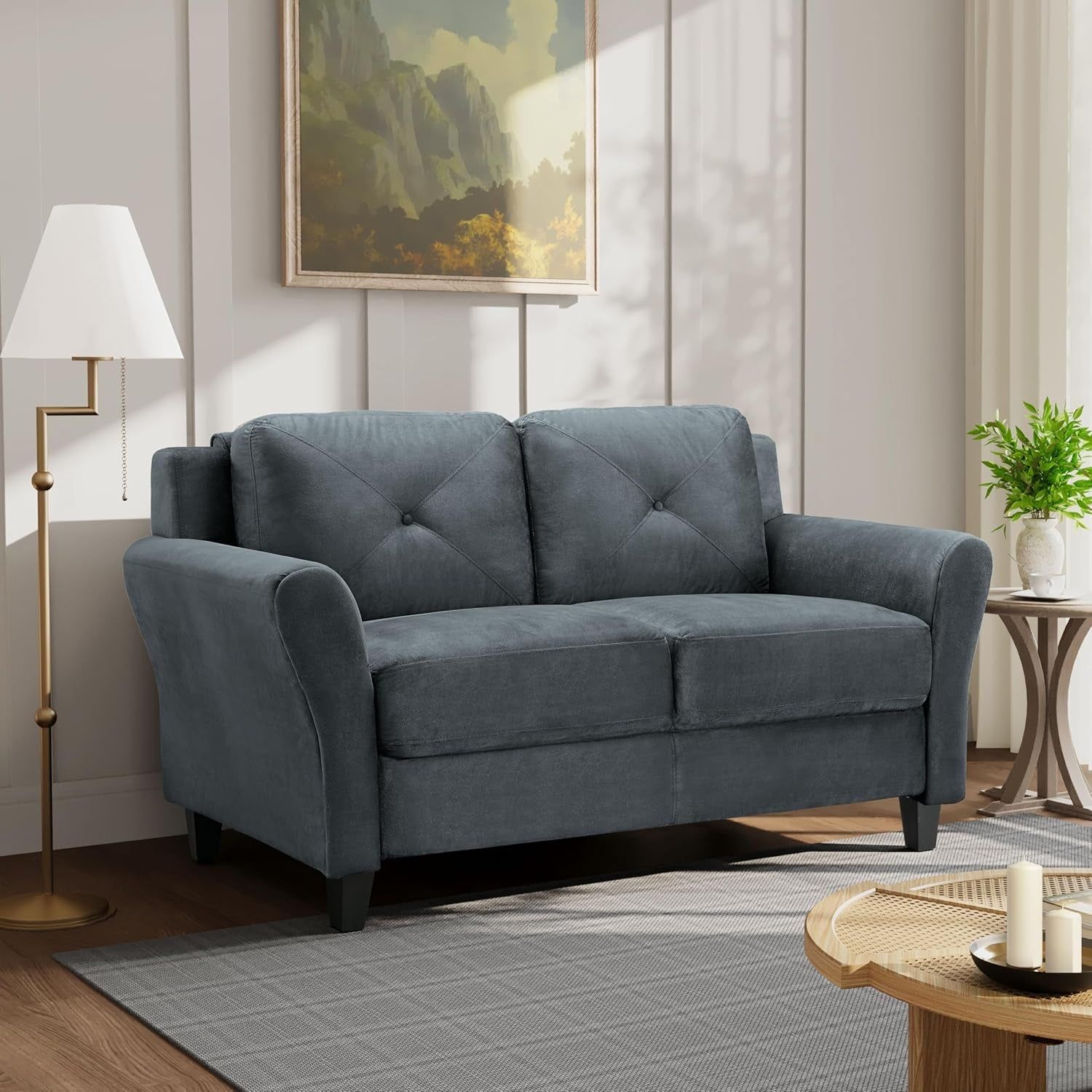 Comfortable Dark Grey Loveseat with Plush Cushions