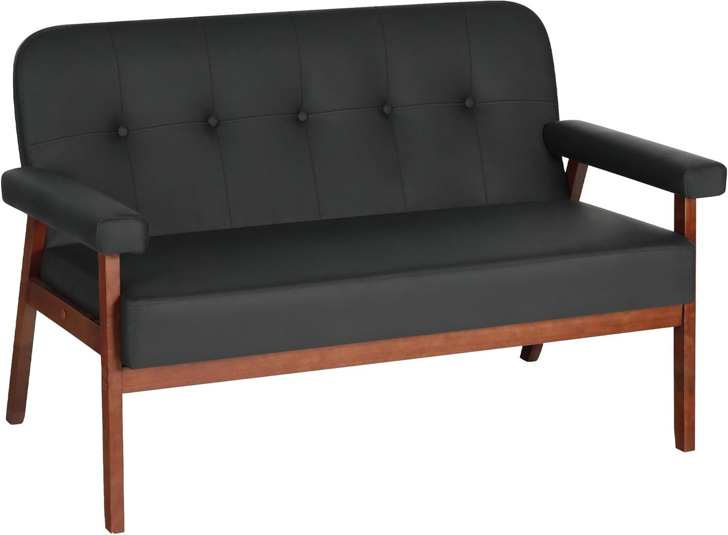 Black Faux Leather Mid Century Loveseat Sofa with Cushions