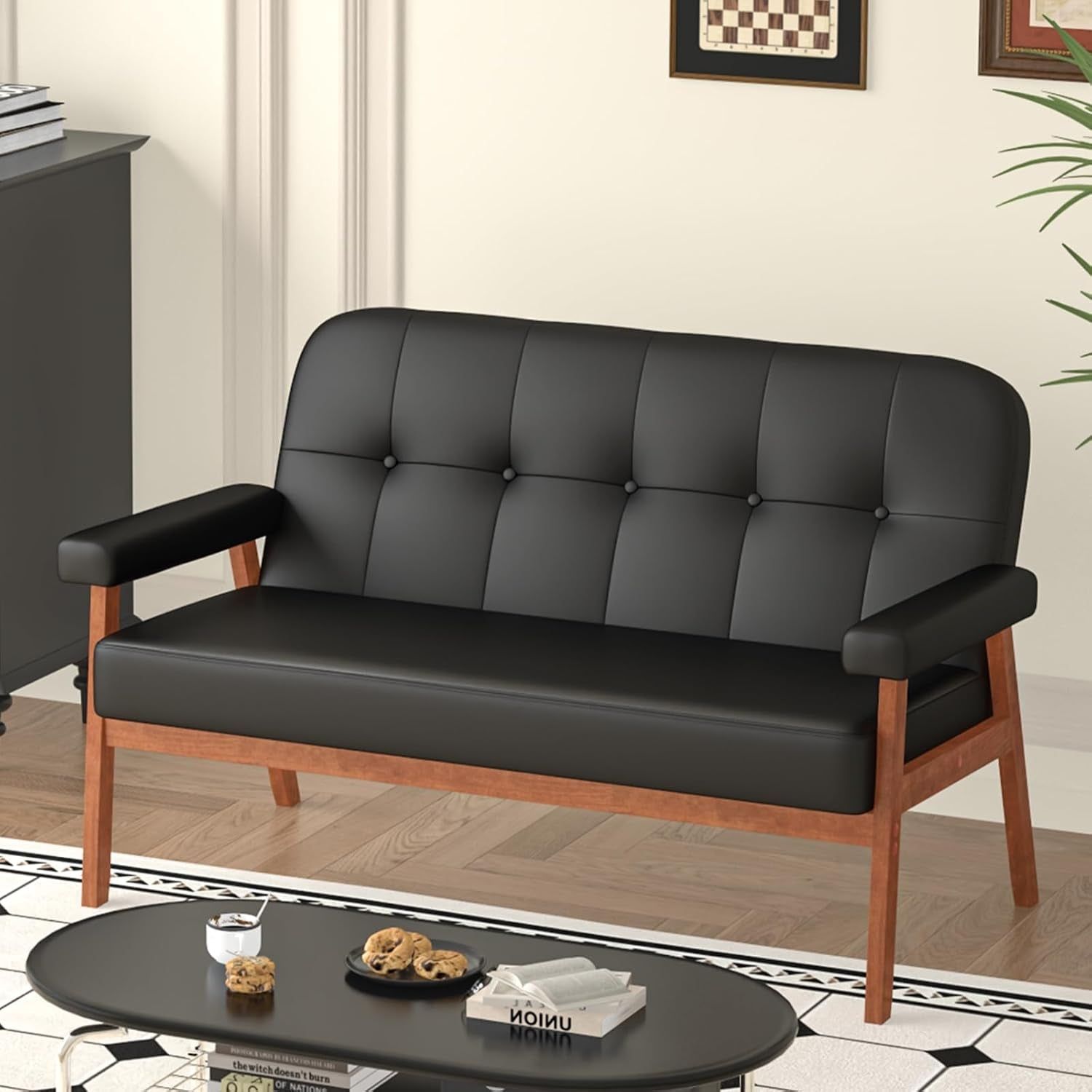 Mid Century Modern Black Leather Loveseat Sofa Couch