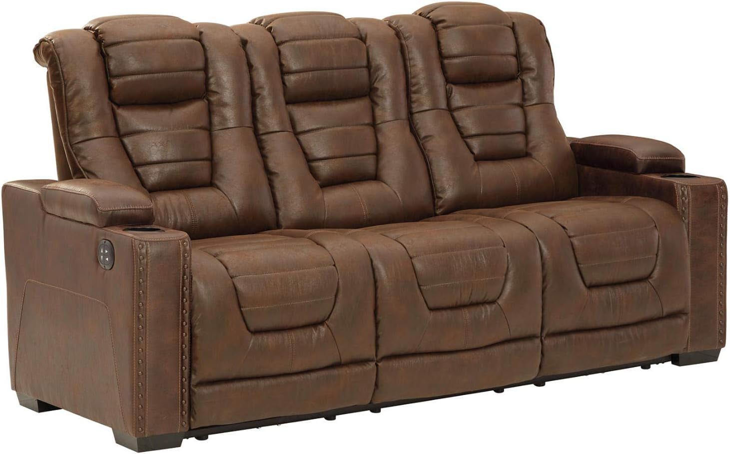 Brown Faux Leather Power Reclining Sofa with Headrest