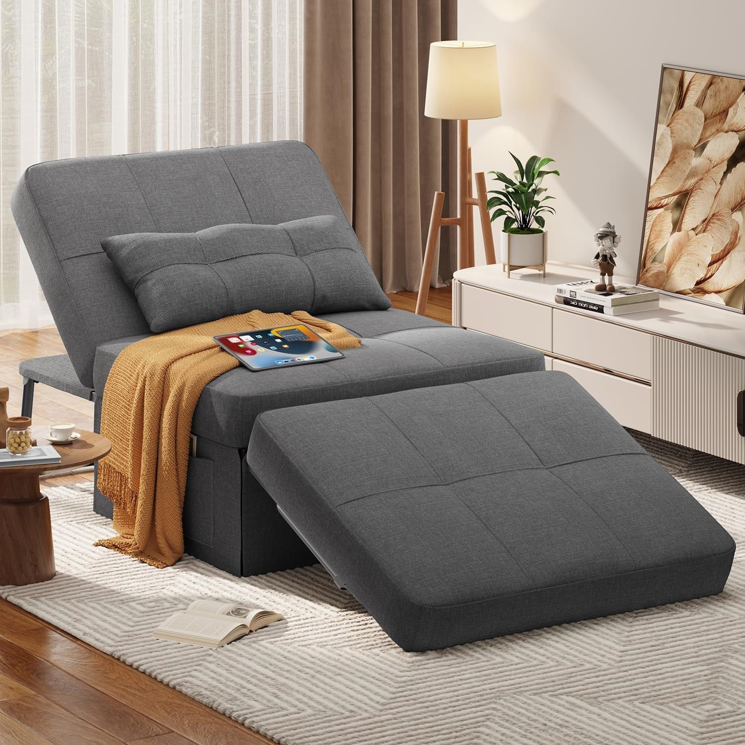 Convertible Sleeper Chair Bed Modern Linen Ottoman Dark Grey
