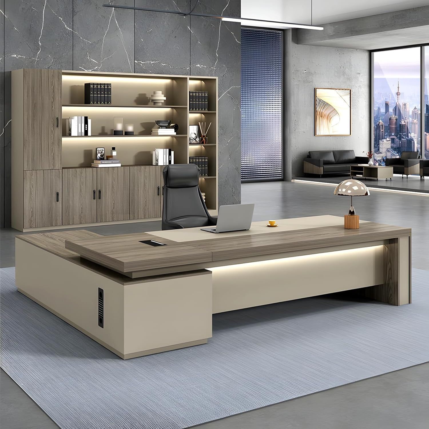 Modern L-Shape Executive Desk Combines Style and Functionality, Featuring a Sleek Wood Design with Built-In Storage (Oak Right Cabinet, 94.5&quot; L*31.5&quot; W*29.5&quot; H)