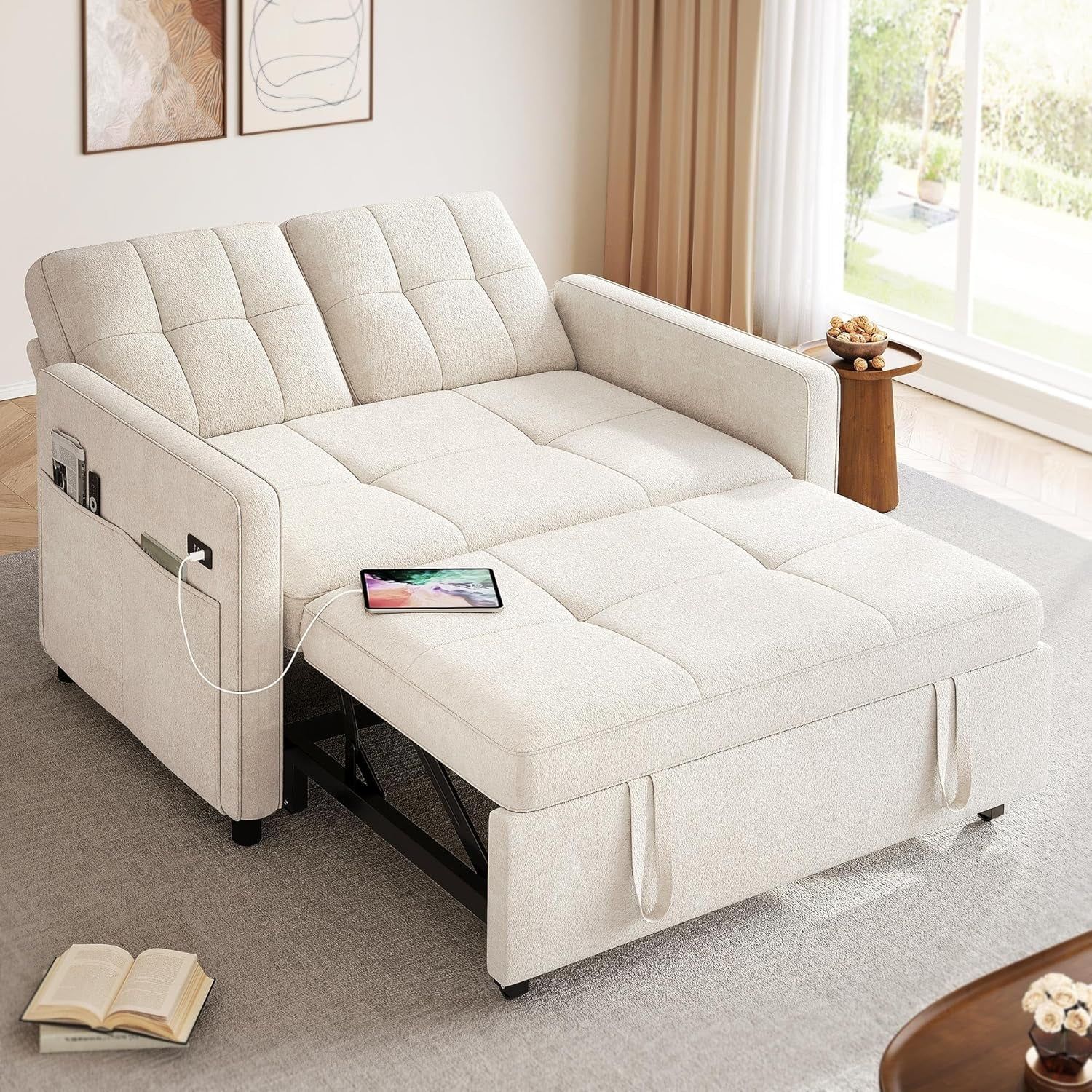 Convertible Sofa Bed with Reclining Backrest and USB