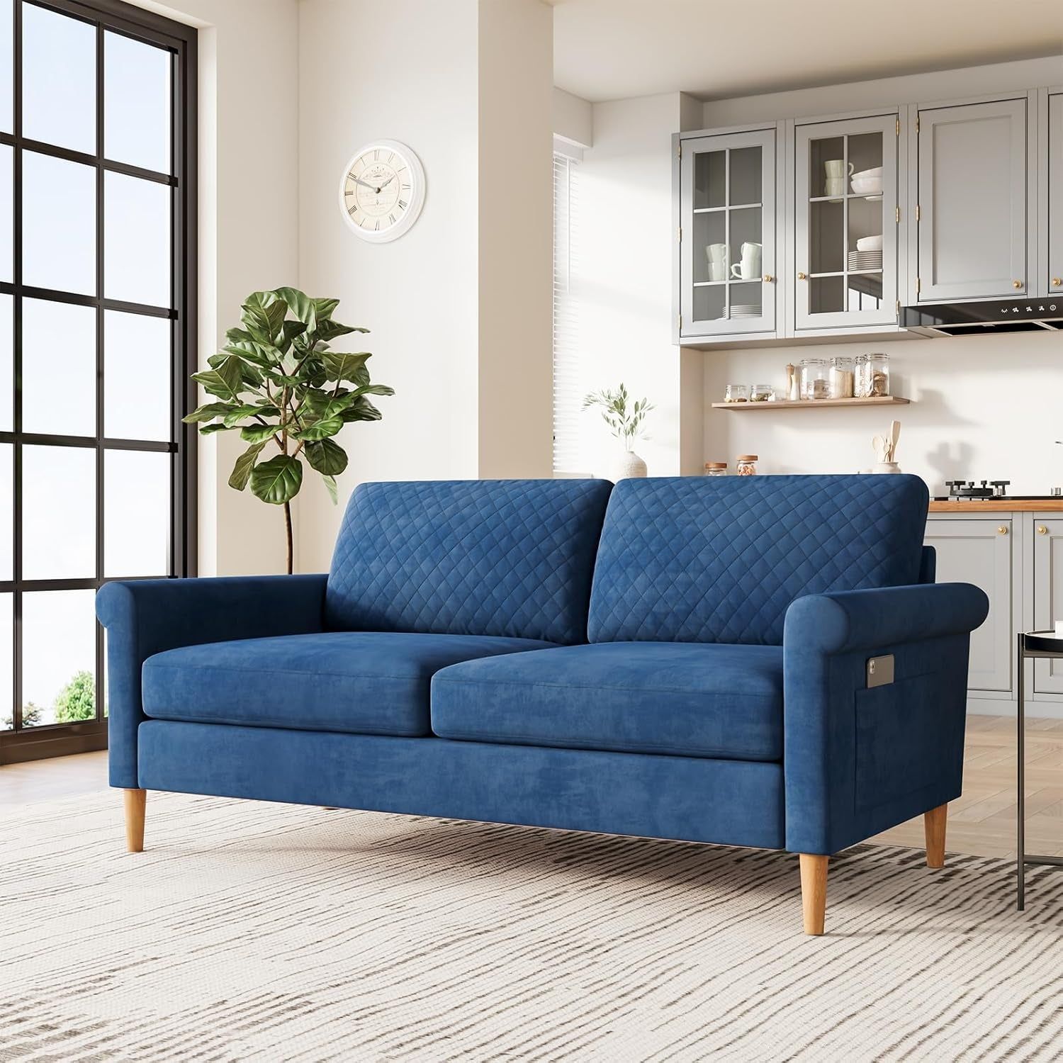 Comfy Mid-Century Modern 65 Inch Blue Loveseat Sofa