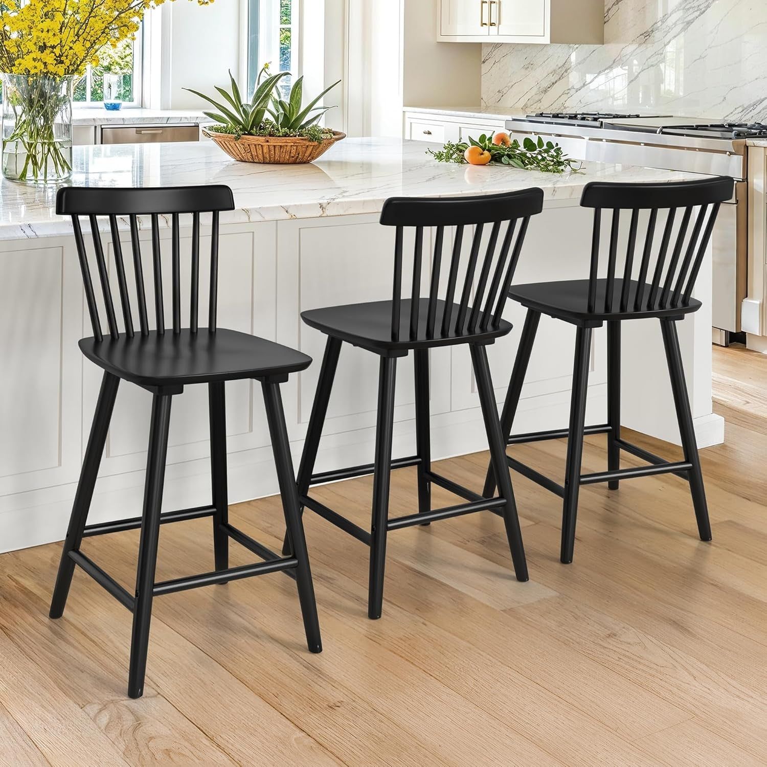 Upgraded Windsor Wooden Black Bar Stools Set of 3, 24 Inch Counter Height Barstools with Spindle Back/Bigger Seat for Kitchen Island
