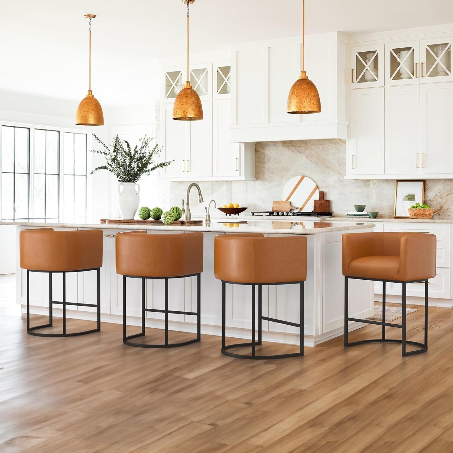 27&quot; H Counter Height Bar Stools Set of 4, Modern Barrel Counter Stools with Backrest and Arms, Black Metal Frames,Faux Leather Upholstered Accent Barstools for Kitchen Island,Yellowish Brown