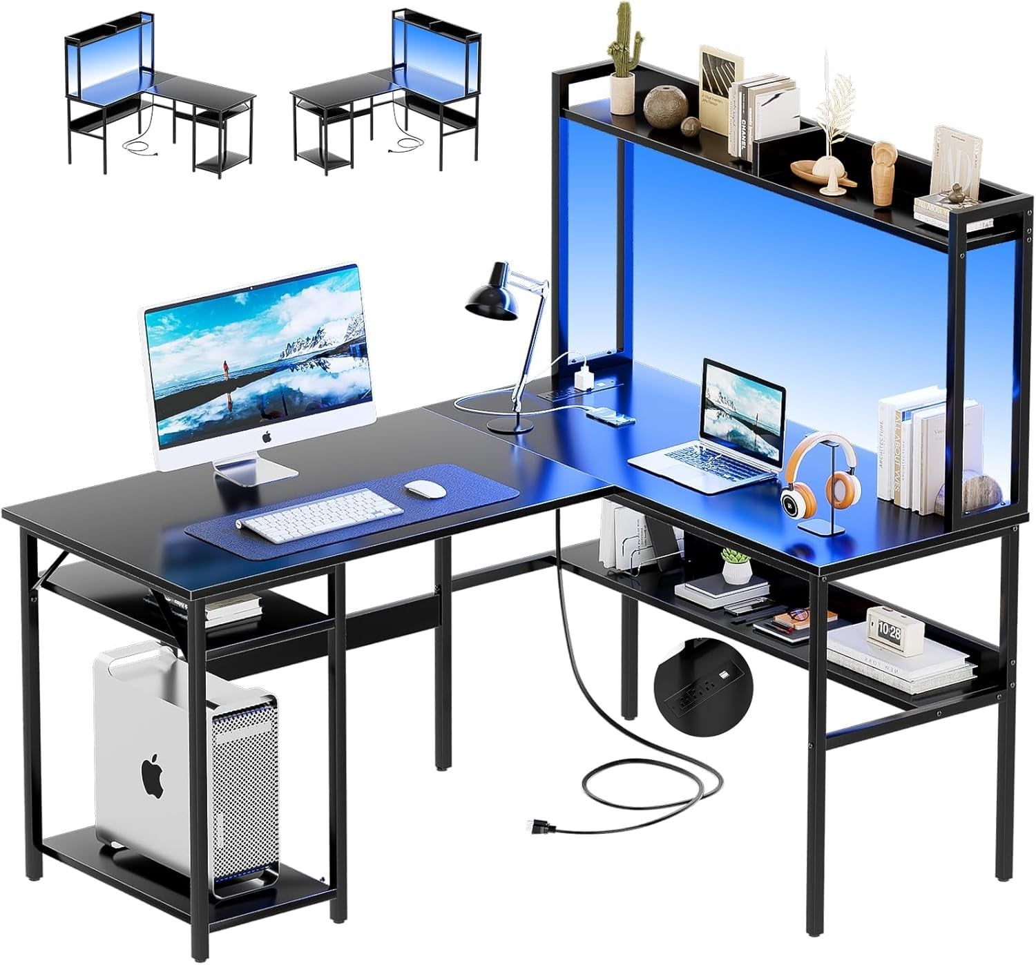 L Shaped Computer Desk with LED Lights and Storage