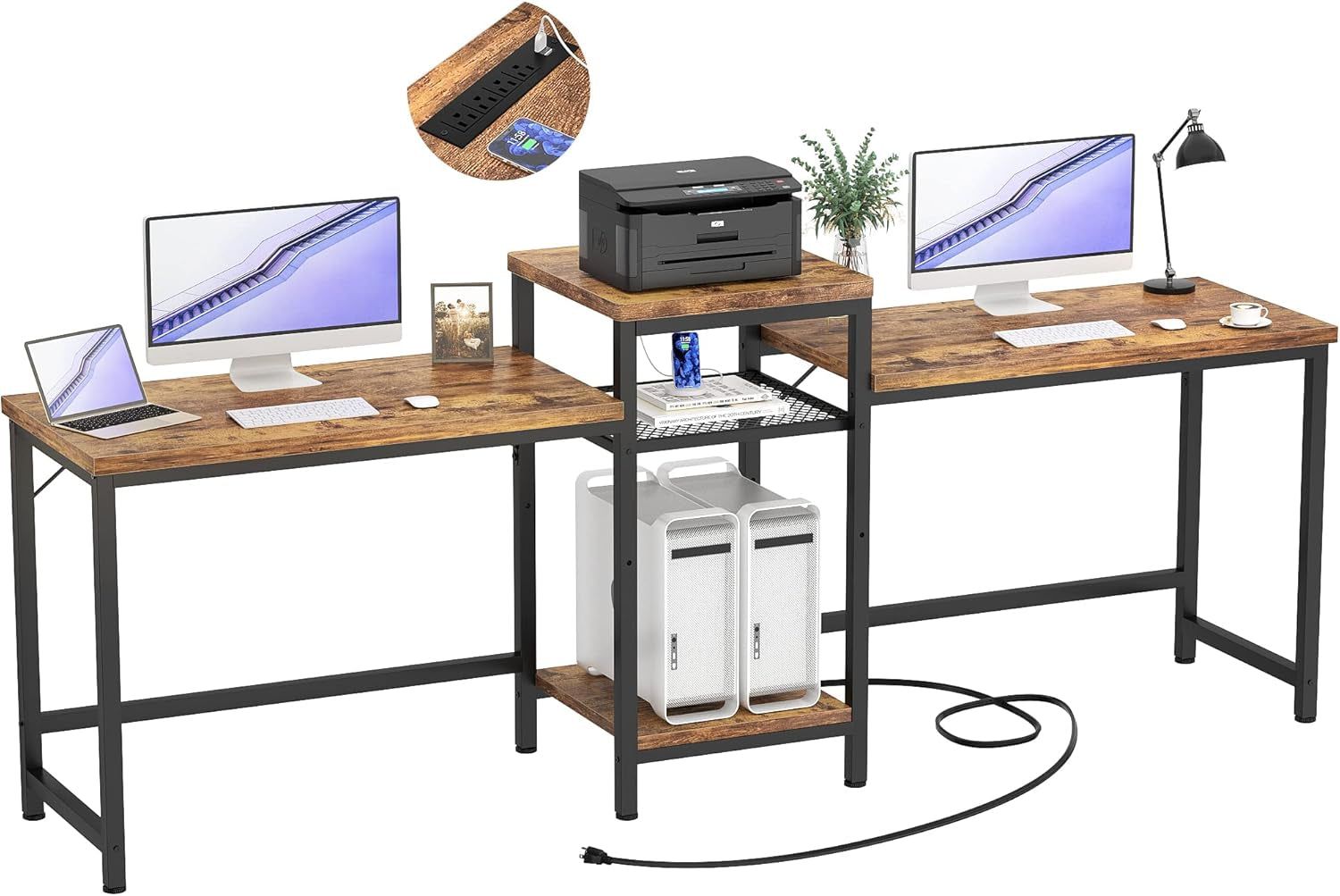 Double Desk with Power Outlet and Storage Shelves