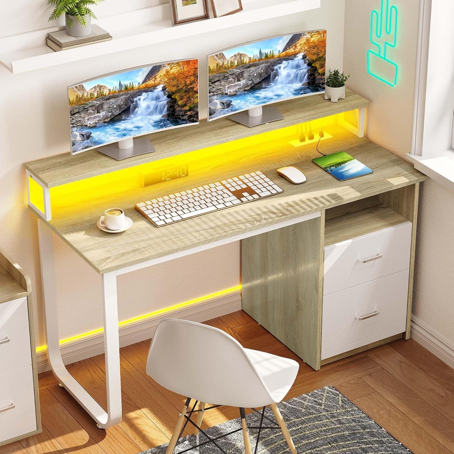 Modern Computer Desk with Drawers Power Outlets LED Light