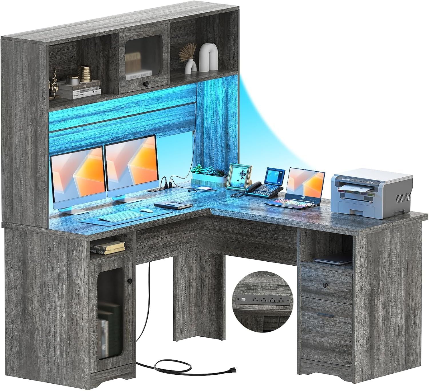 Large L Shaped Desk with Drawers and LED Lights