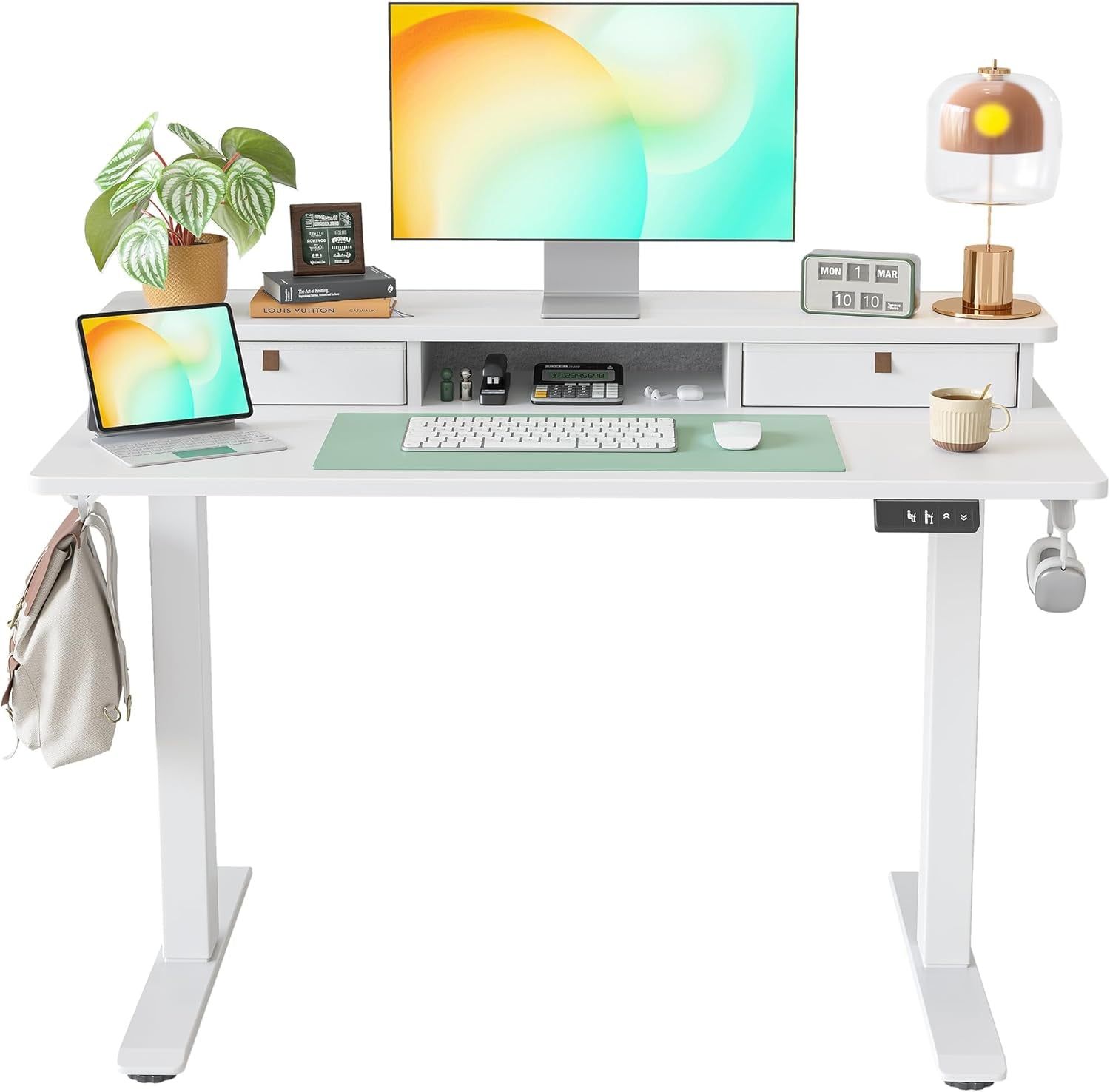 48 * 24 Inch Standing Desk with Two Drawers, Stand up Standing Desk Adjustable Height, Electric Sit Stand Table with Storage Shelf and Splice Board, White