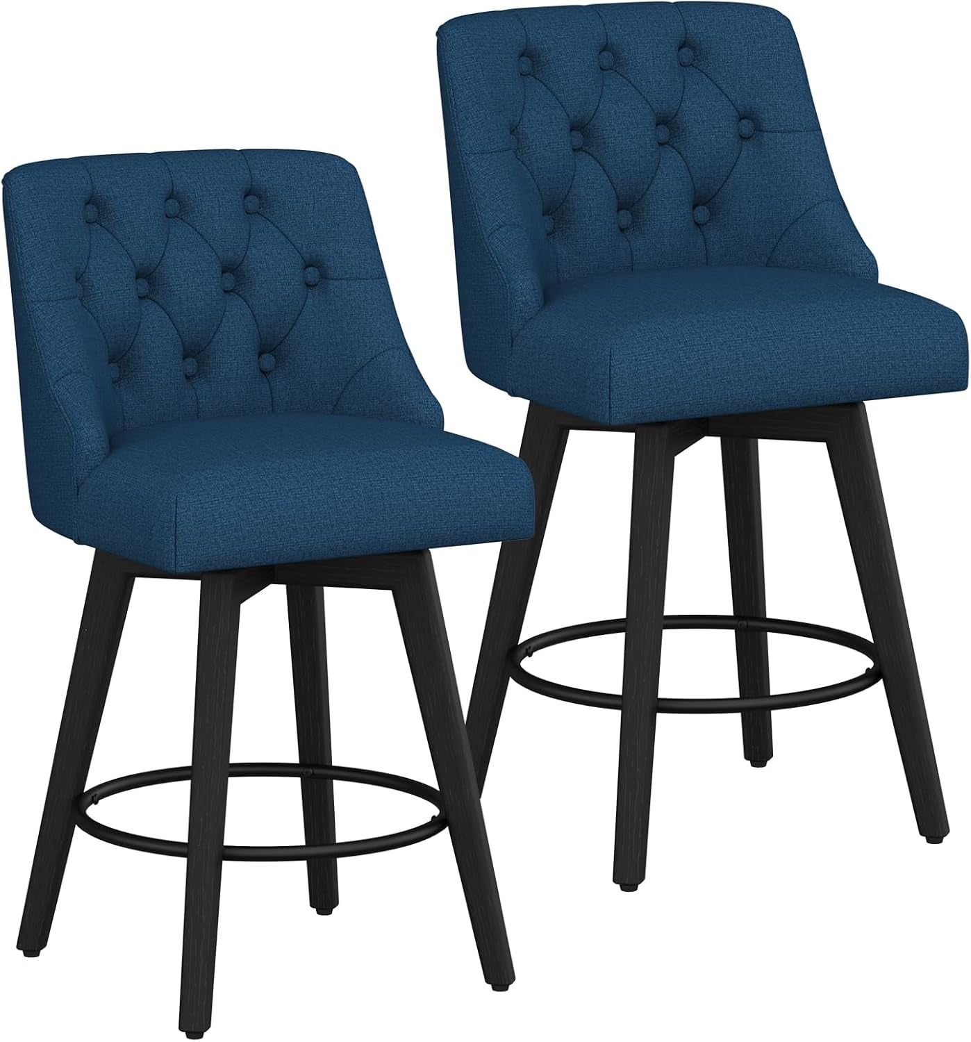 Counter Height Swivel Bar Stools Set of 2, 26 Inch Bar Stools with Footrest, Linen Fabric Upholstered Barstools with Back and Solid Wood Legs for Kitchen Island, Dining Room, Pub,Deep Blue
