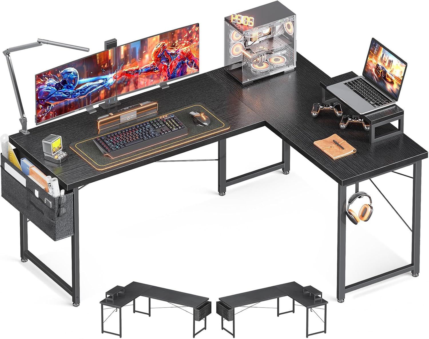 L Shaped Computer Desk with Storage Bag, 57.5 Inch Reversible Gaming Table, Home Office Corner Desk with Monitor Shelf, Space-Saving Writing Workstation Desk, Easy to Assemble, Black