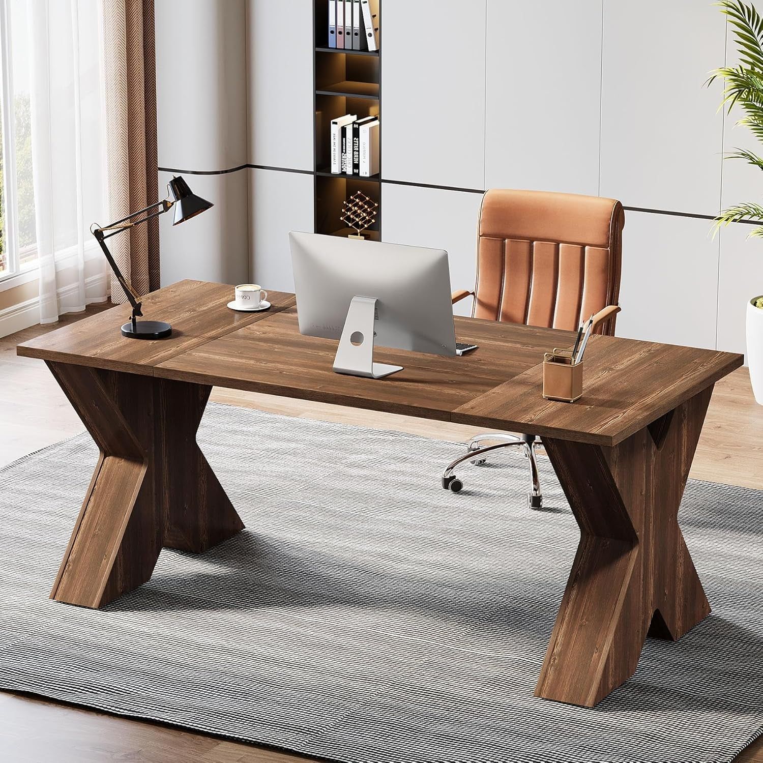 Large Executive Desk with X-Shaped Wood Pedestal Base