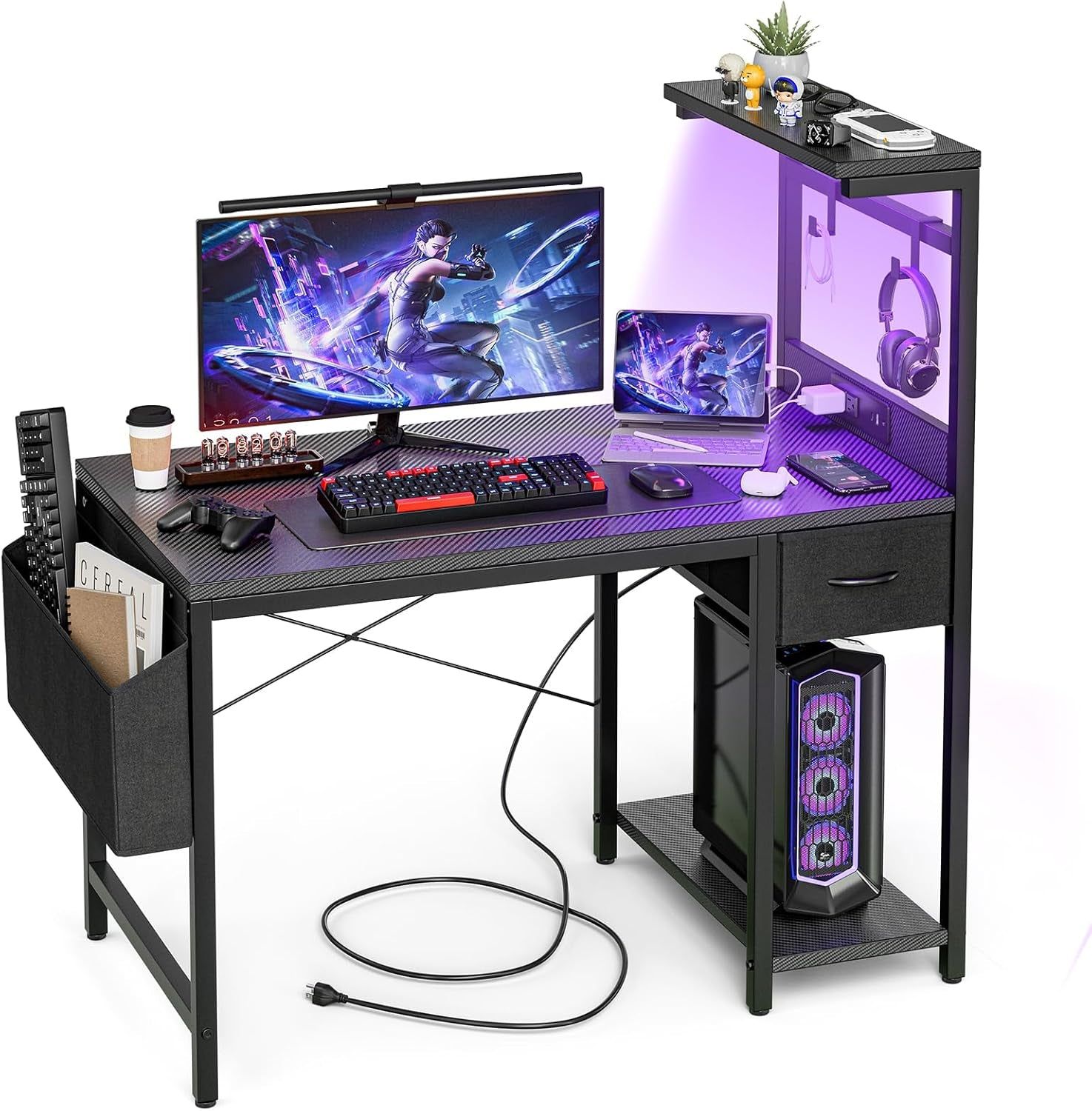 Gaming Desk 55 Inch with Power Outlet and LED Light, Computer Desk with Reversible Shelves and Storage Drawer, Pc Small Table for Home Office Table with Bag, Carbon Fiber Black