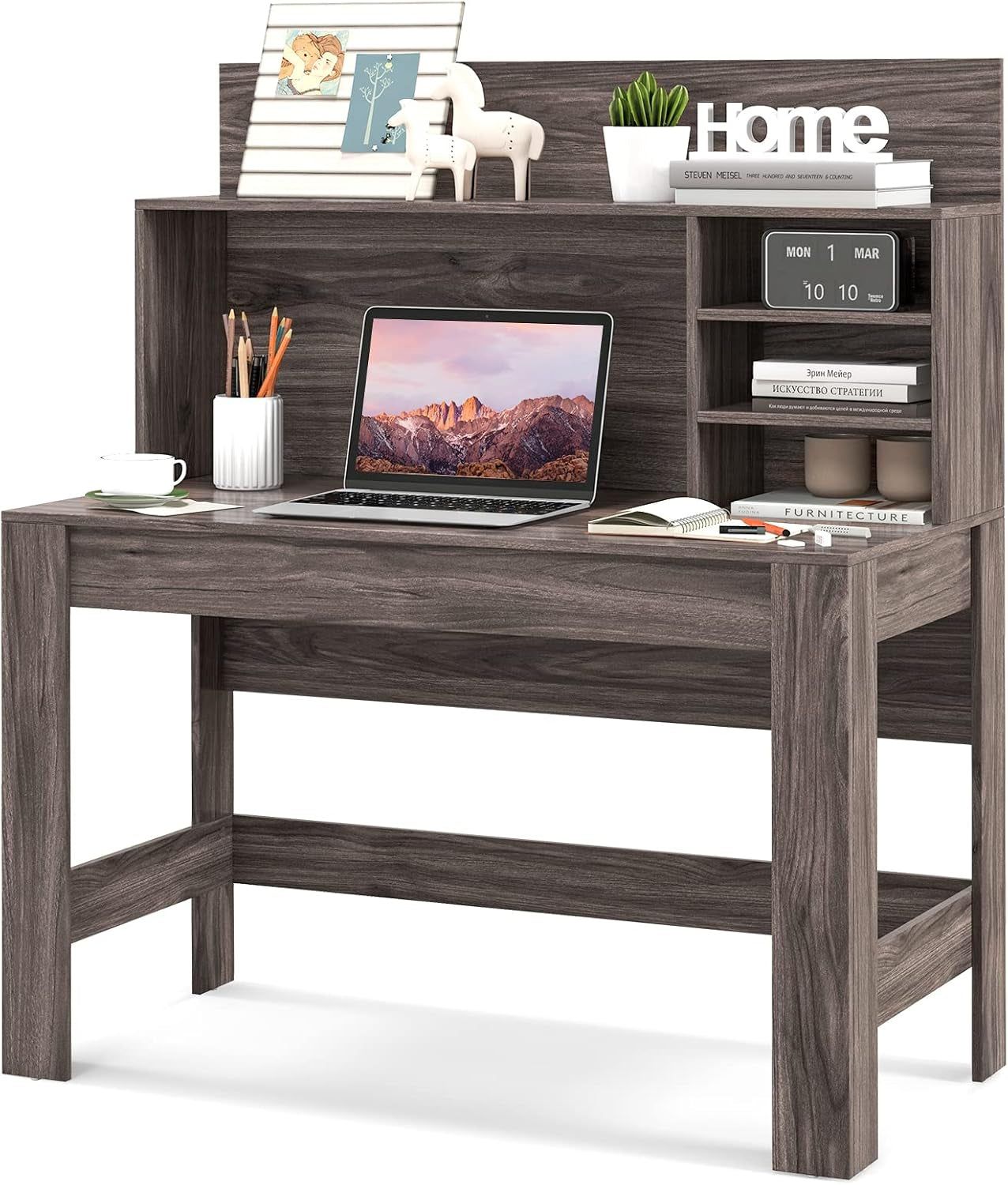 Computer Desk with Hutch, Home Office Desk with Bookshelf, Writing Study Desk with Anti-Toppling Device &amp; Cable Hole, Modern Computer Workstation PC Laptop Desk for Small Space, Bedroom