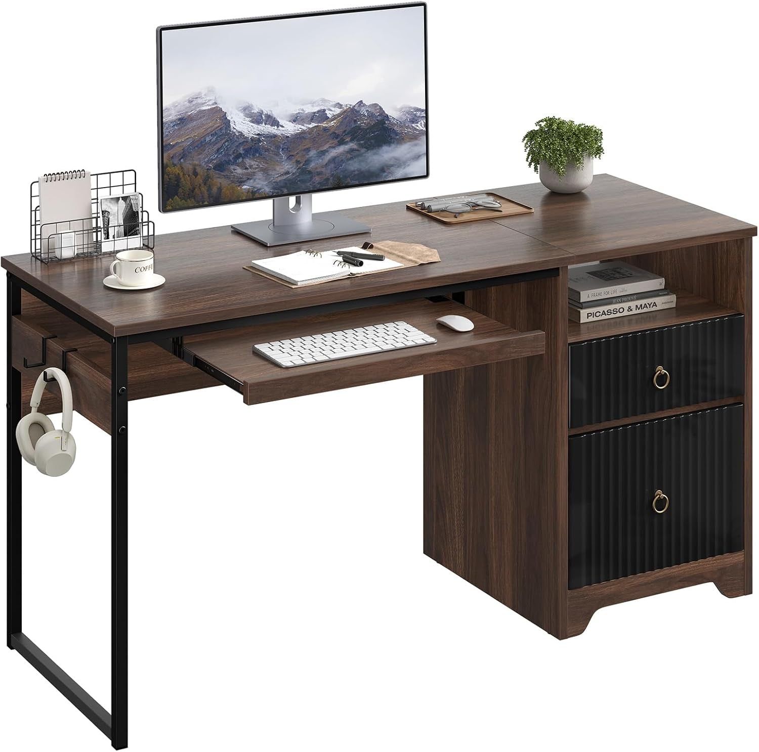Modern 55 Inch Computer Desk with Storage and Tray