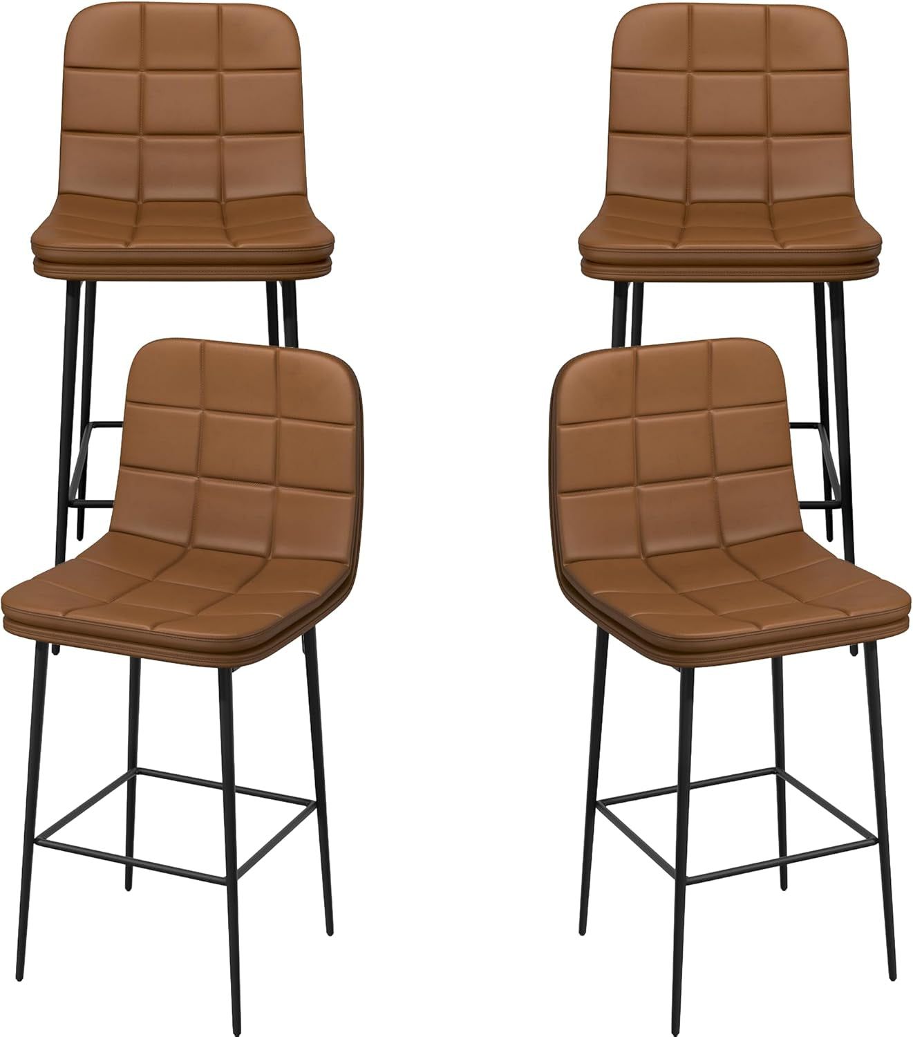 25.6 Inch Counter Height Bar Stools Checkered Pattern Modern Faux Leather Armless Bar Chairs with Backrest Metal Legs Footrest Upholstered for Kitchen Island Pub Cafe (Caramel Brown, 4 PCS)