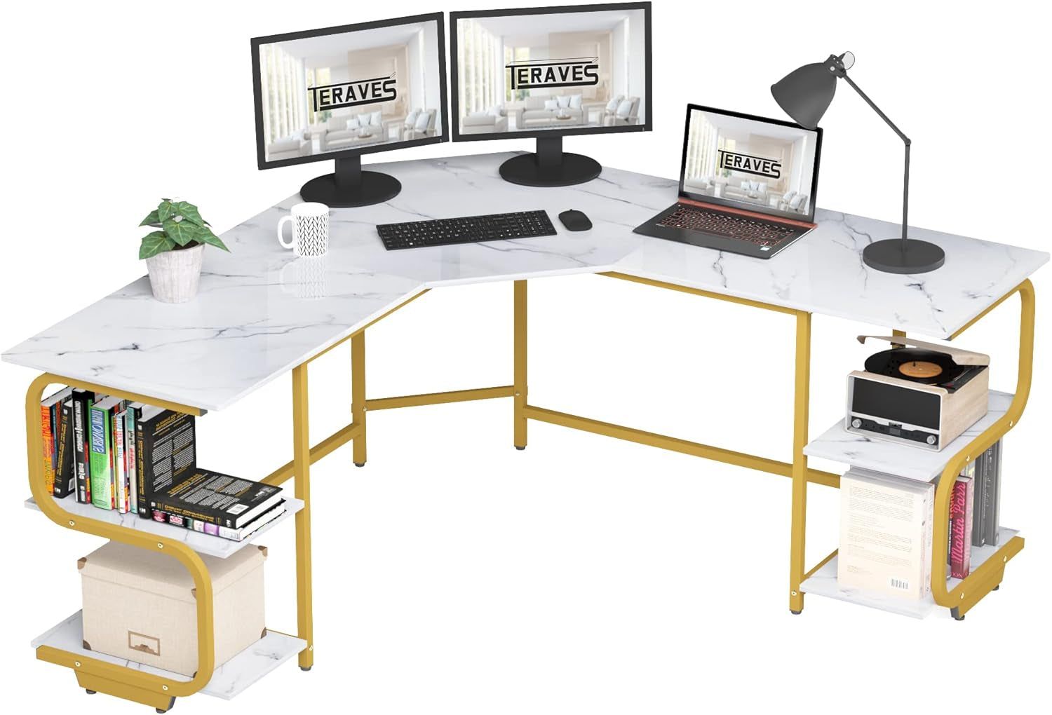 Modern L Shaped Desk with Large Shelves for Office