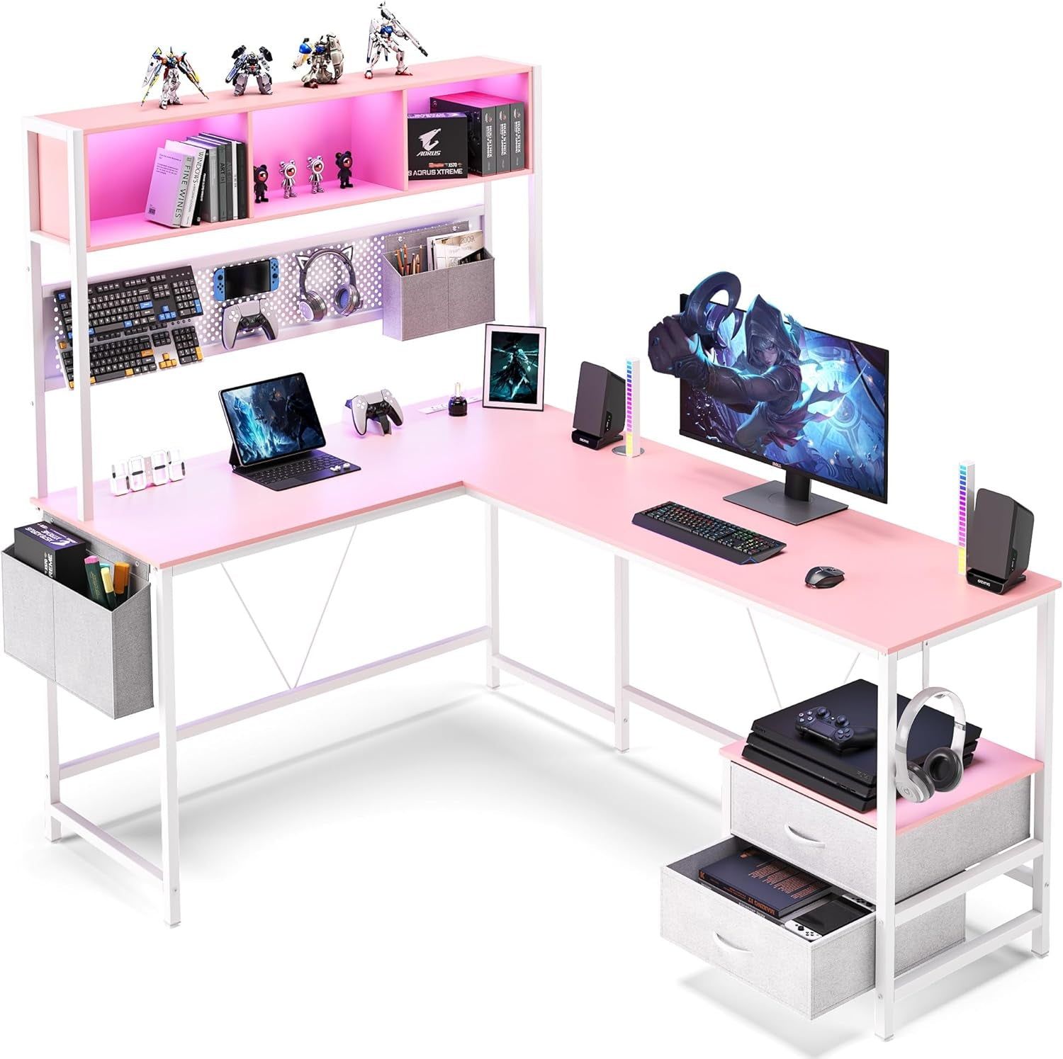 L Shaped Gaming Desk with RGB Lights and Storage