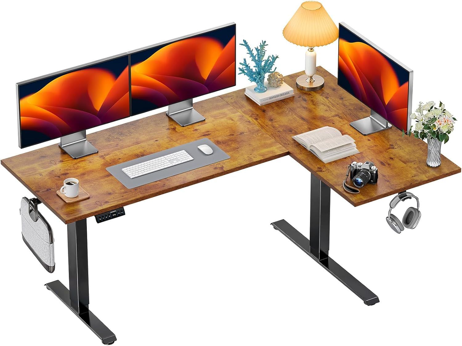 71X48 Inch Dual Motor L Shaped Electric Standing Desk with 3 Preset Heights, Electric Height Adjustable Computer Table, 2 Hooks &amp; Cable Tray, Raising Desk for Home Office, Vintage Brown
