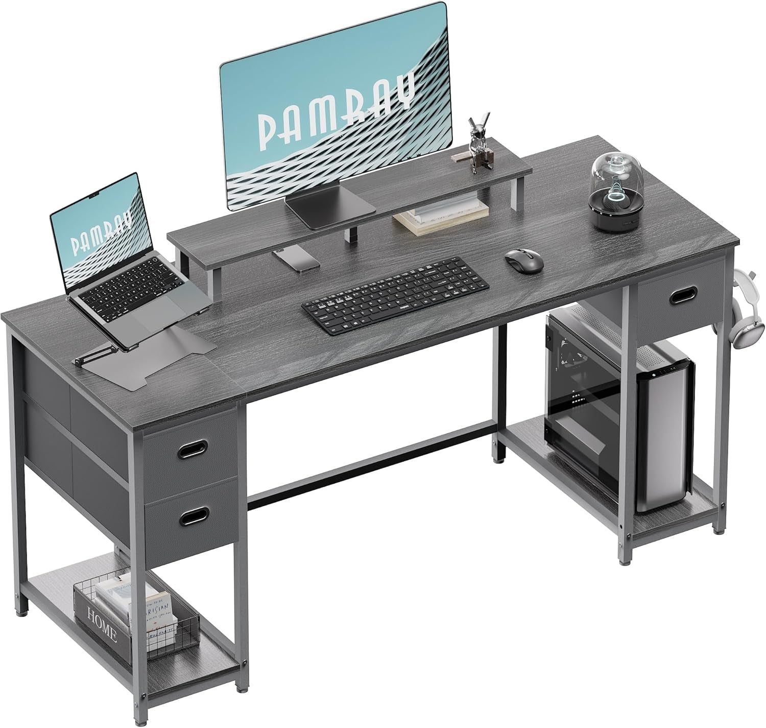 55 Inch Computer Desk with Non-Woven Storage Drawers and Monitor Stand Home Office Desk for Bedroom Study Table Writing and Work Desk Espresso Gray