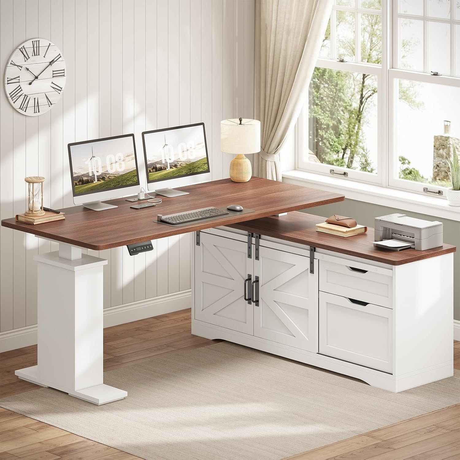 Height Adjustable L Shaped Standing Desk with Storage