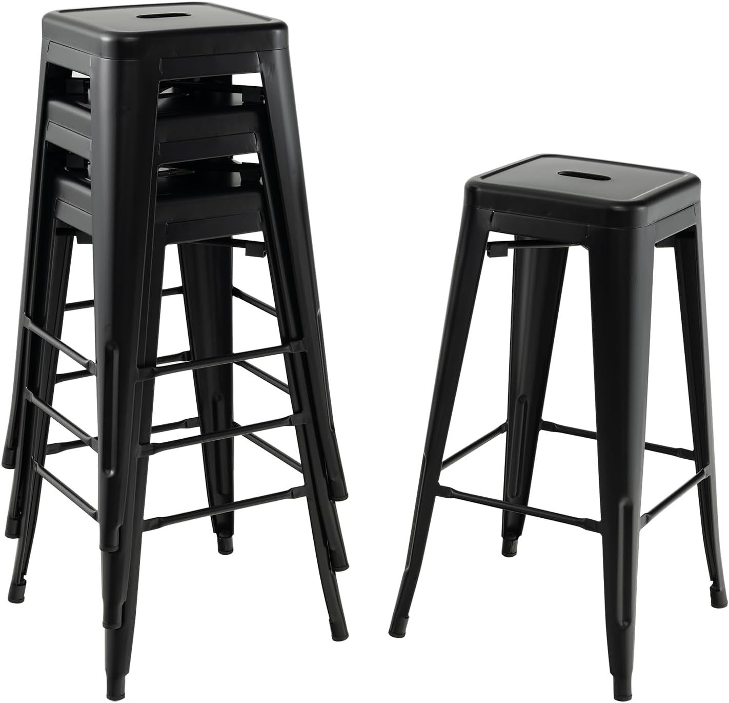 Metal Backless Bar Stools Set of 4, 30&quot; Bar Height Modern Industrial Barstools W/Cut-Out Handle, Footrest, Rubber Foot Pads, Stackable Bar Dining Chairs for Kitchen Island, Black