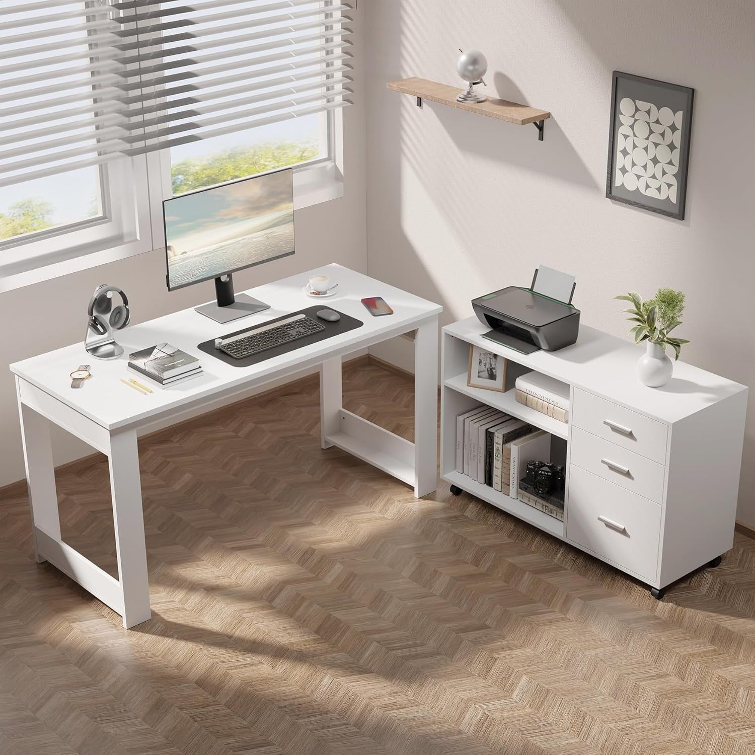 55Inch White L Shaped Desk, Corner Computer Desk with 3 Drawers and 2 Shelves, Writing Office Table with Storage File Cabinet, Large Executive Desk with Wheels for Home Office, Bedroom