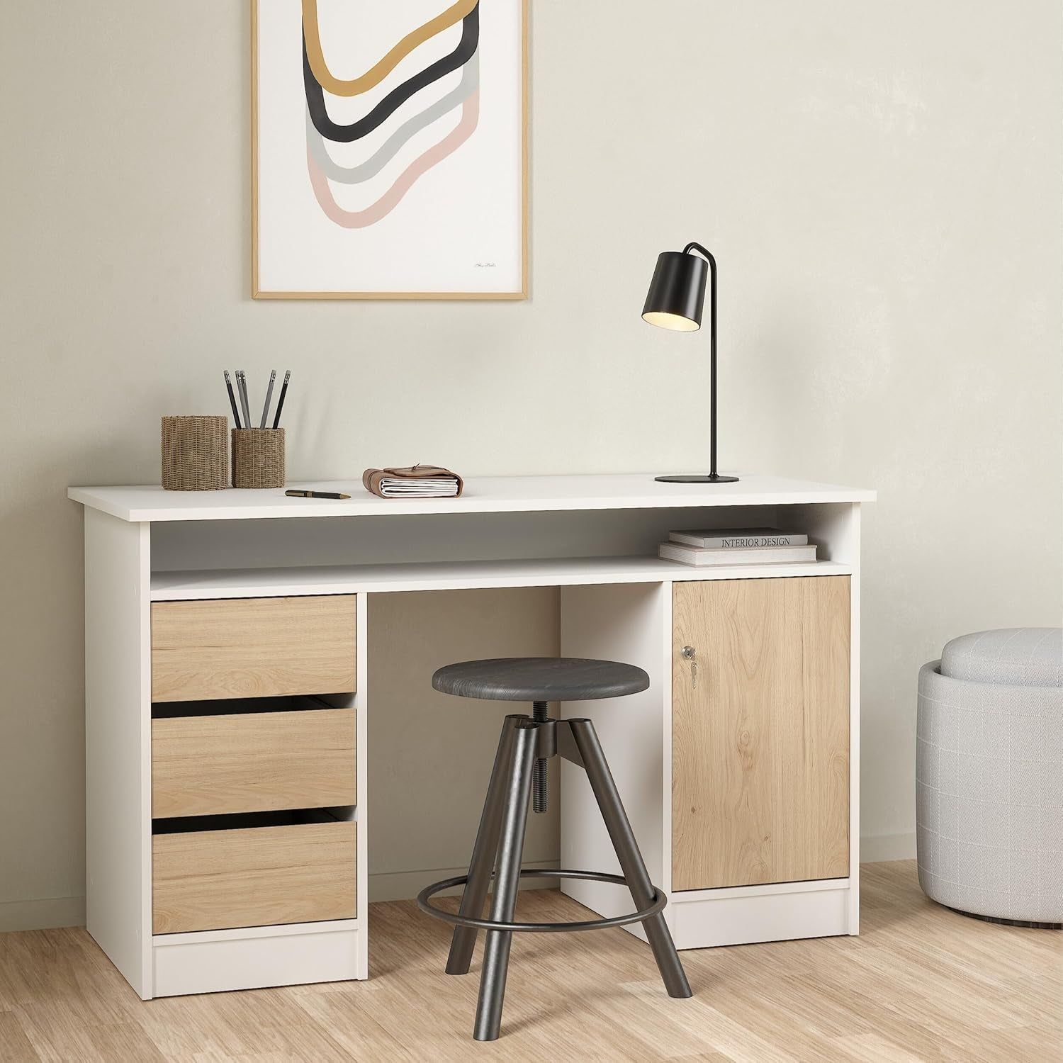 Modern Computer Desk with Storage Cabinet and Drawers