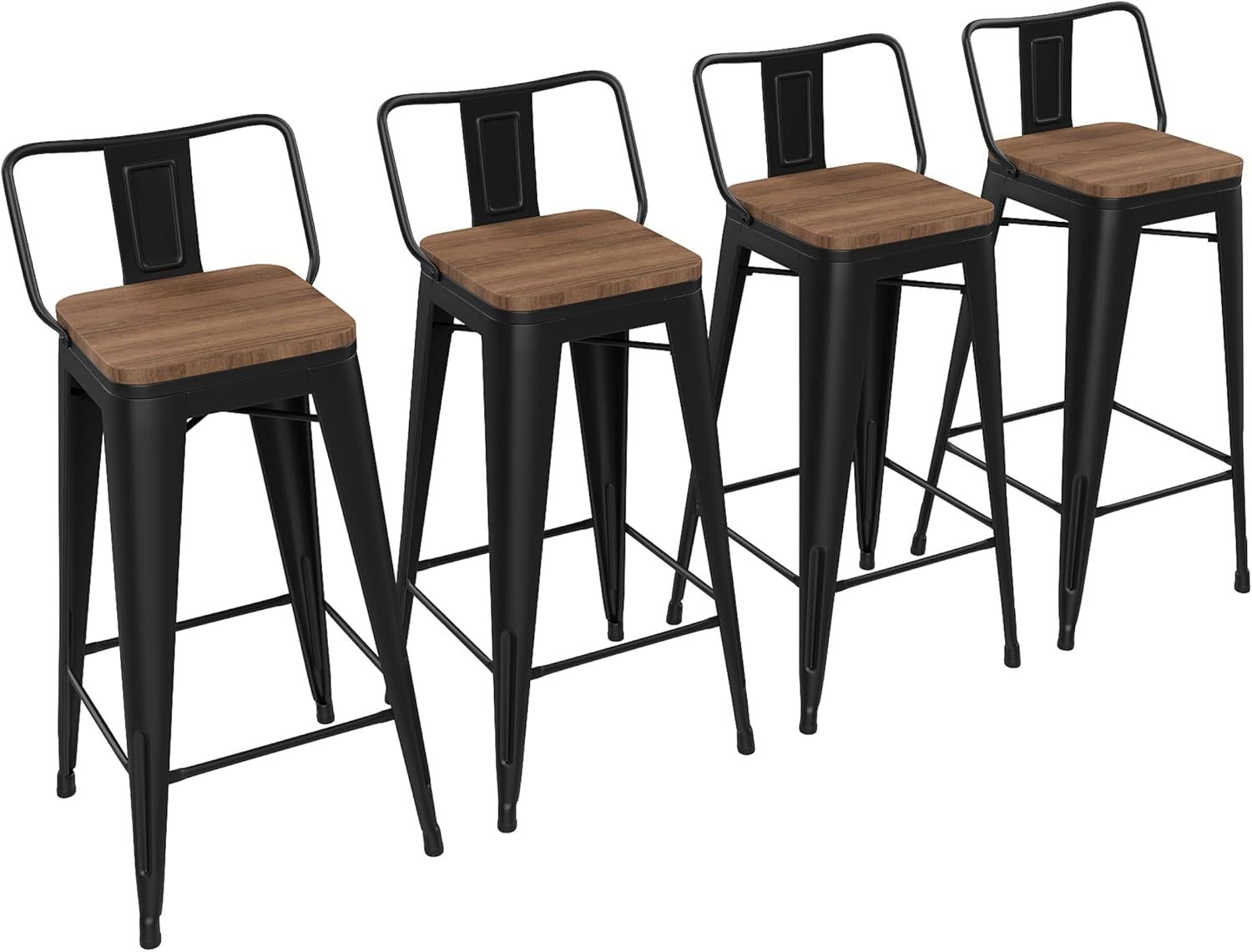 30 Inch Bar Stools Set of 4 Bar Height Metal Barstools with Wood Seat Low Back Kitchen Bar Chairs Matte Black