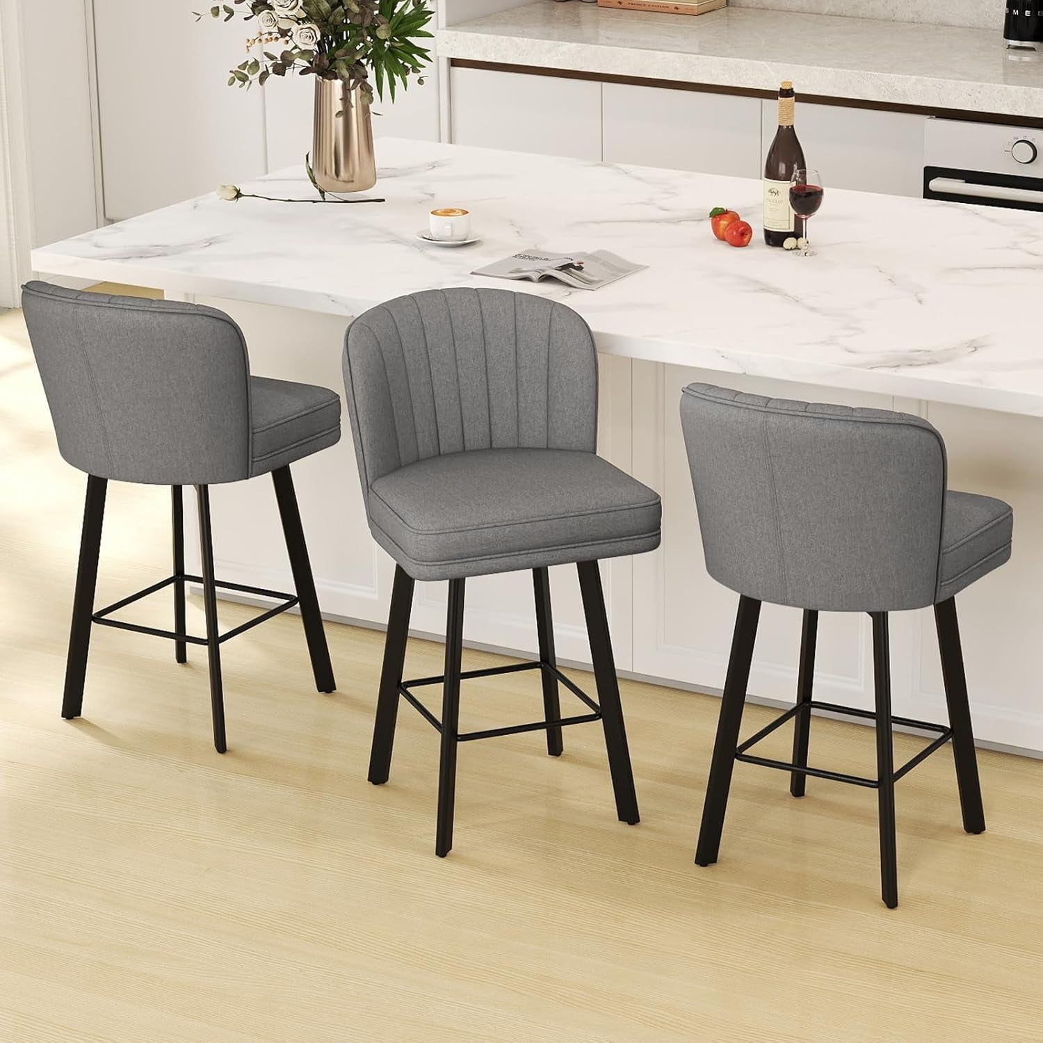 Swivel Counter Height Bar Stools Set of 3, 26&#39;&#39; Modern Barstools with Backs and Metal Legs, Upholstered Bar Chairs, Faux Leather Mid-Gray Stools for Kitchen Island Chairs