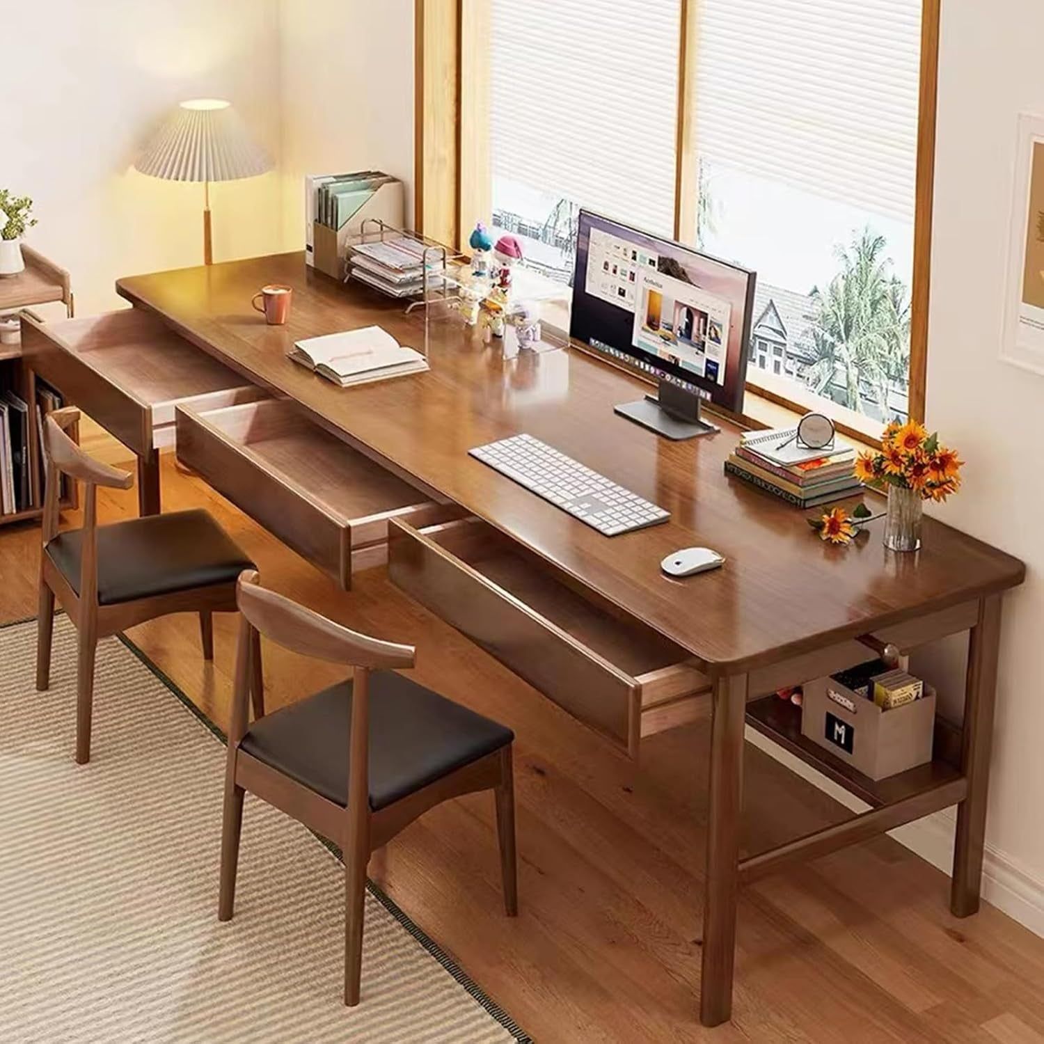Large Solid Wood Desk with Drawers for Home Office