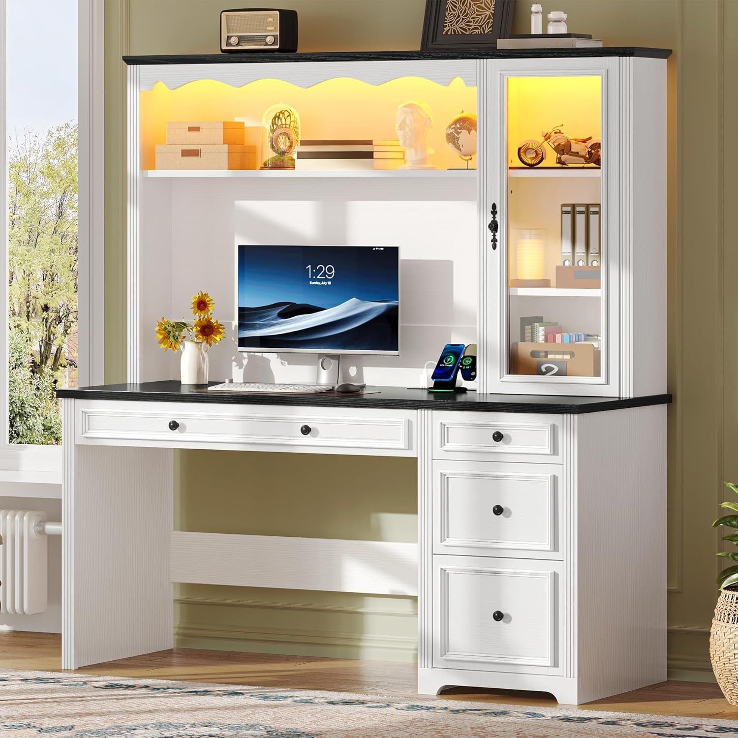 Executive Desk with Hutch and Drawers, Farmhouse Wood Computer Desk with Power Outlet &amp; LED Lights, Home Office Desks with Storage Shelves, Storage Cabinet with Glass Door, White &amp; Black