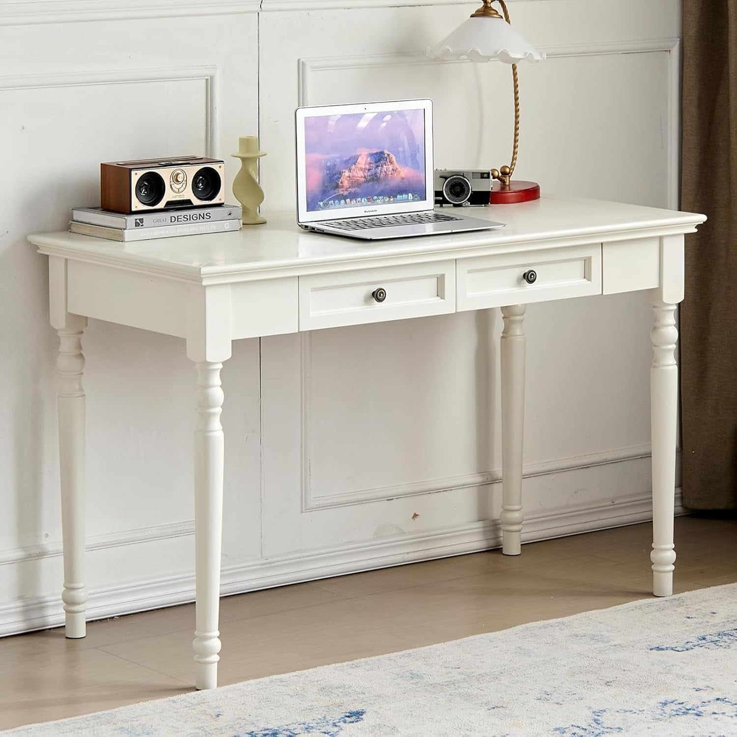 White Desk with Drawers, 47 Inch Home Office Desks Solid Wood Writing Desk for Home Office, Study Workspace or Bedroom