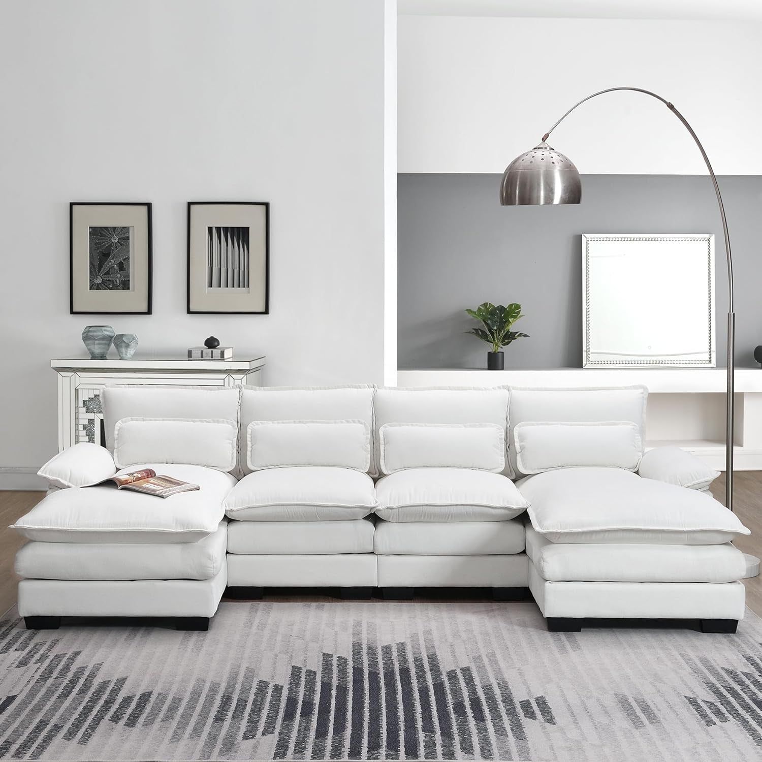 Modern U-Shaped Sofa with Double Chaise and Cushions