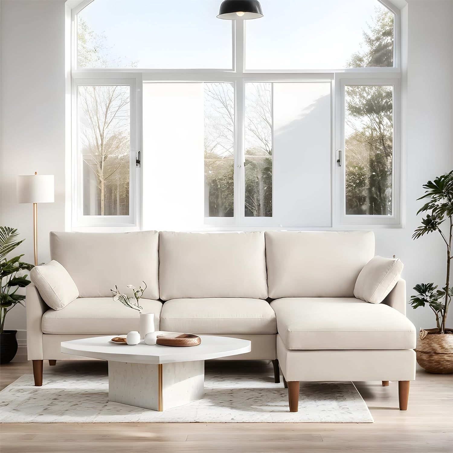 Beige Mid Century Modern Sectional Sofa with Chaise