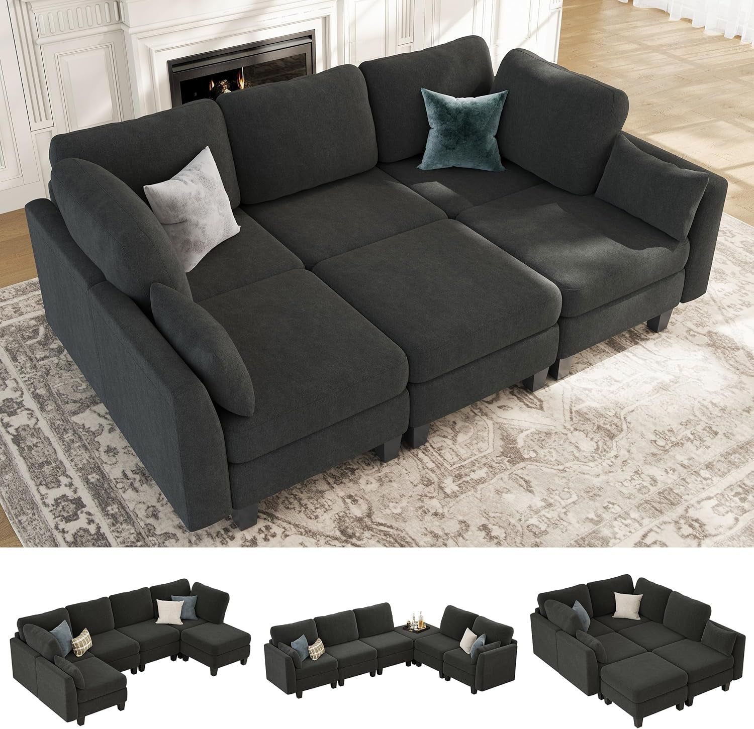 Comfortable Dark Grey Sectional Sleeper Sofa with Ottomans