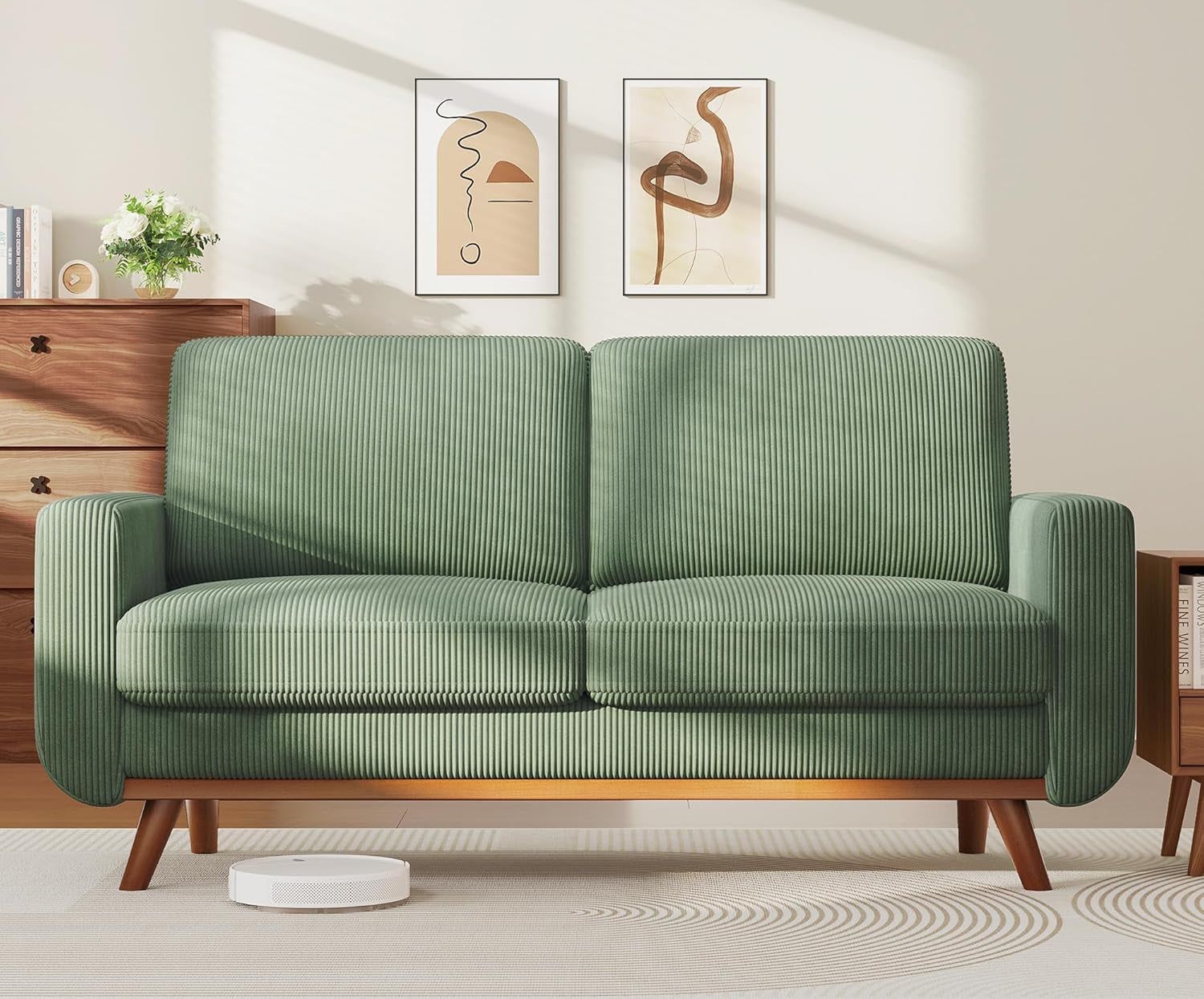 Comfy Green Corduroy Loveseat Sofa with Solid Wood Frame