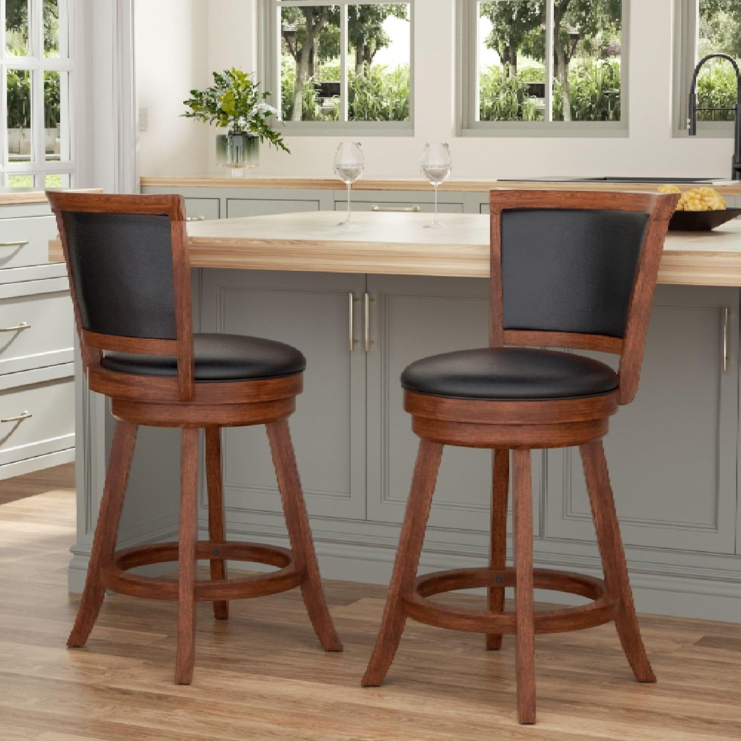 Swivel Bar Stools Set of 2, 24&quot; Counter Height Swivel Barstools with Back &amp; Faux Leather Upholstered Seat, Island Chairs with Solid Wood Legs &amp; Footrest for Kitchen, Dining Room, Pub (Brown)