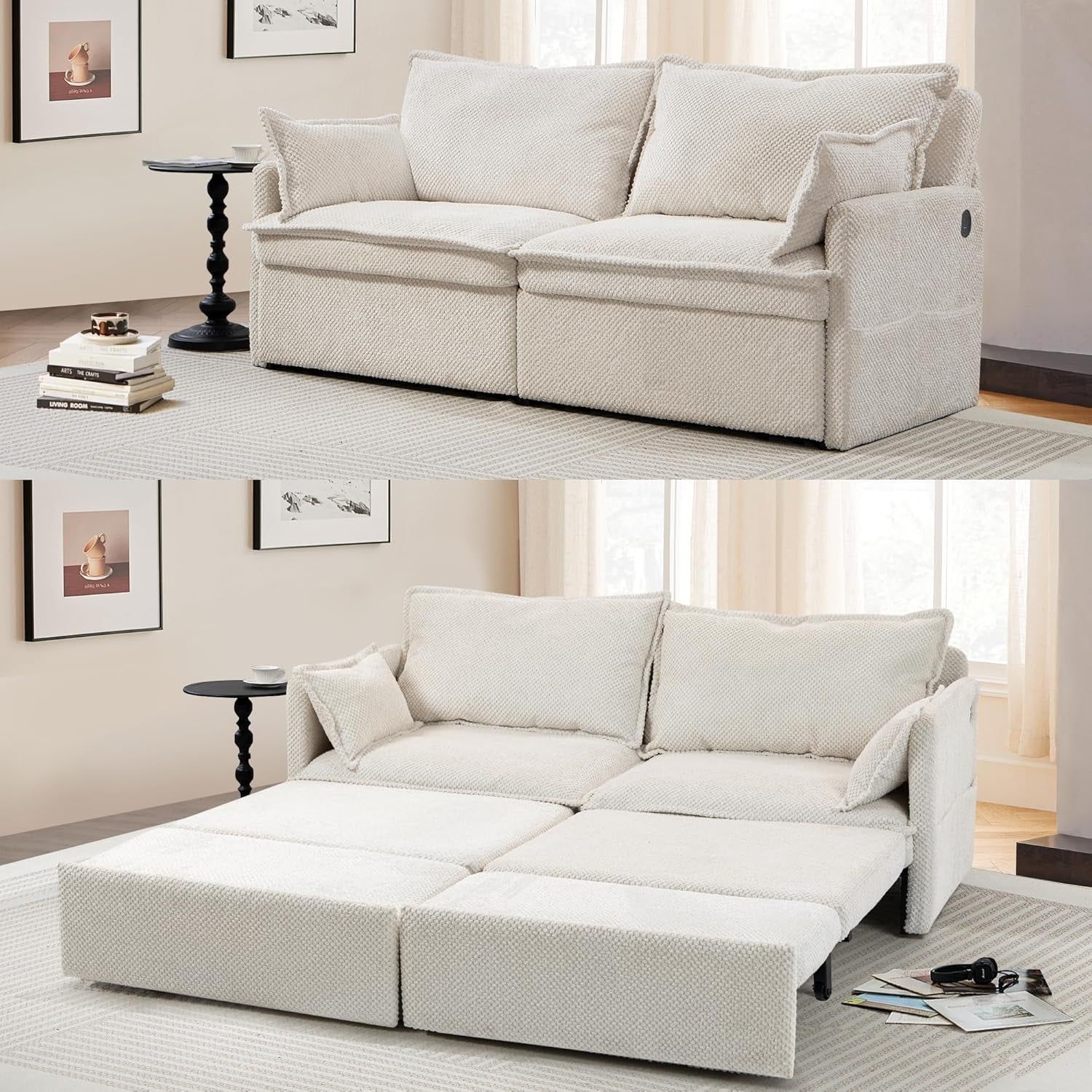 Convertible King Sofa Bed with USB Charging and Pockets