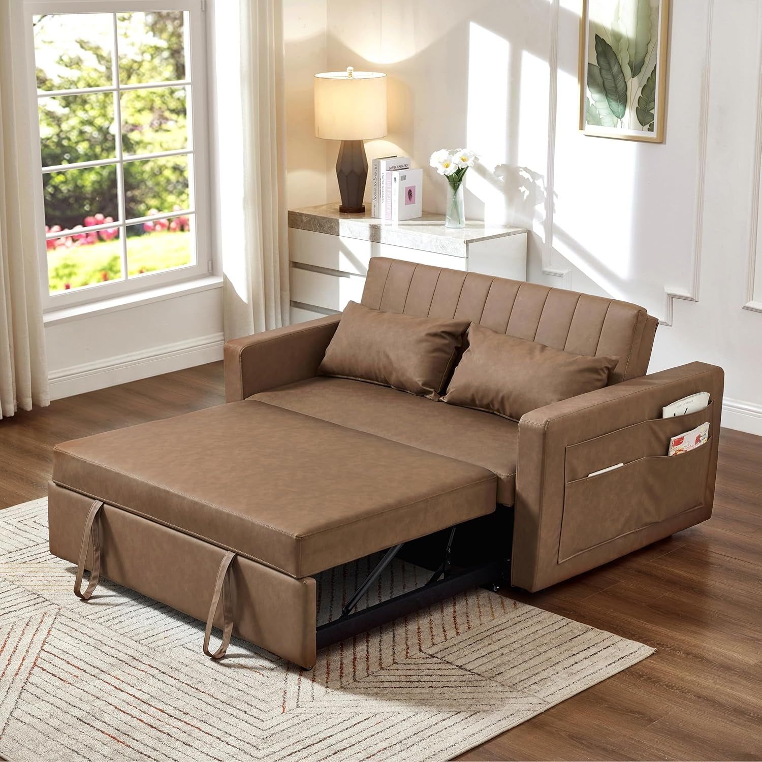 Brown Leather Convertible Sleeper Sofa Bed with Pocket
