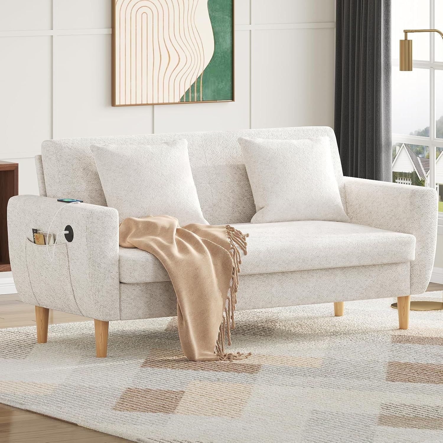Soft Plush Loveseat Sofa with USB Outlet and Pockets