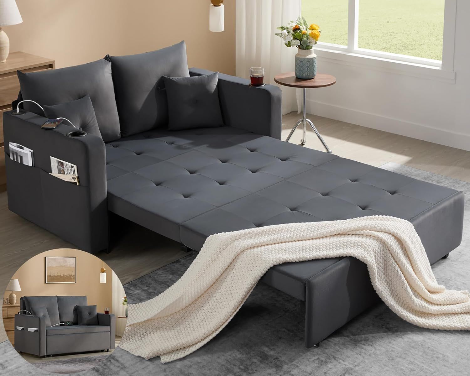 Convertible 3 in 1 Velvet Sofa Bed with USB