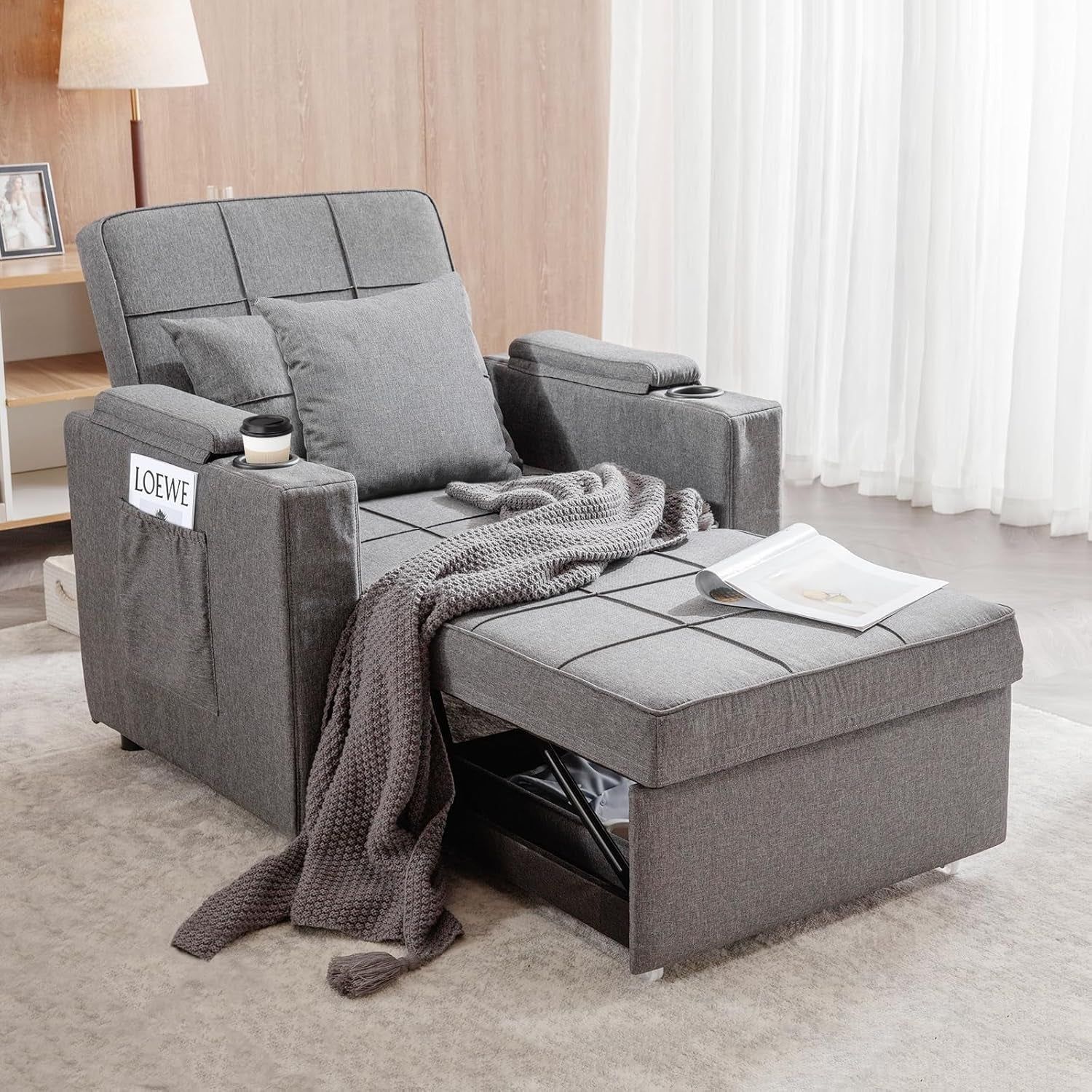 3-In-1 Convertible Sleeper Chair Bed with Cup Holders
