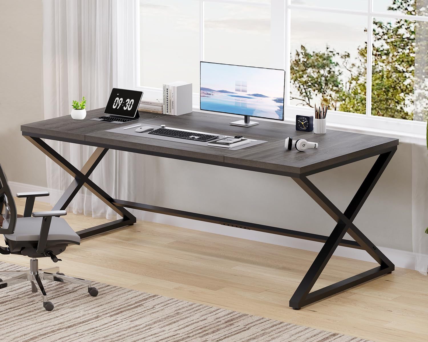 Long Computer Desk, 70.8” Large Work Desk for Home Office, Wood Metal Writing Desk Executive Workstation for Bedroom, Industrial PC Gaming Desk Computer Table for 2 Monitors, Dark Gray Oak
